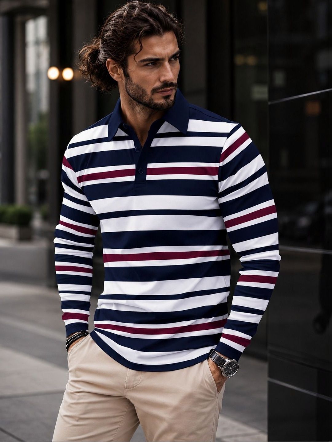 Eyebogler Men Striped Polo Collar T-shirt