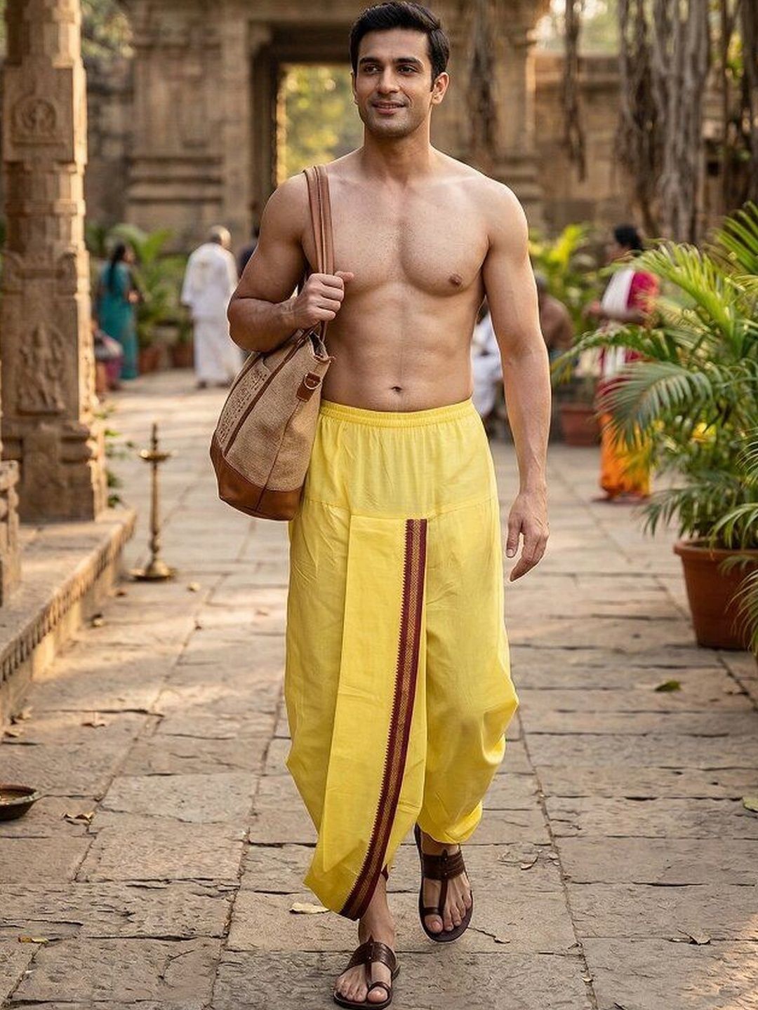 RAMESHWARAM FABRICS RAMESHWARAM FABRICS Men Yellow Ready To Wear Solid Cotton Dhoti Pant With Pocket
