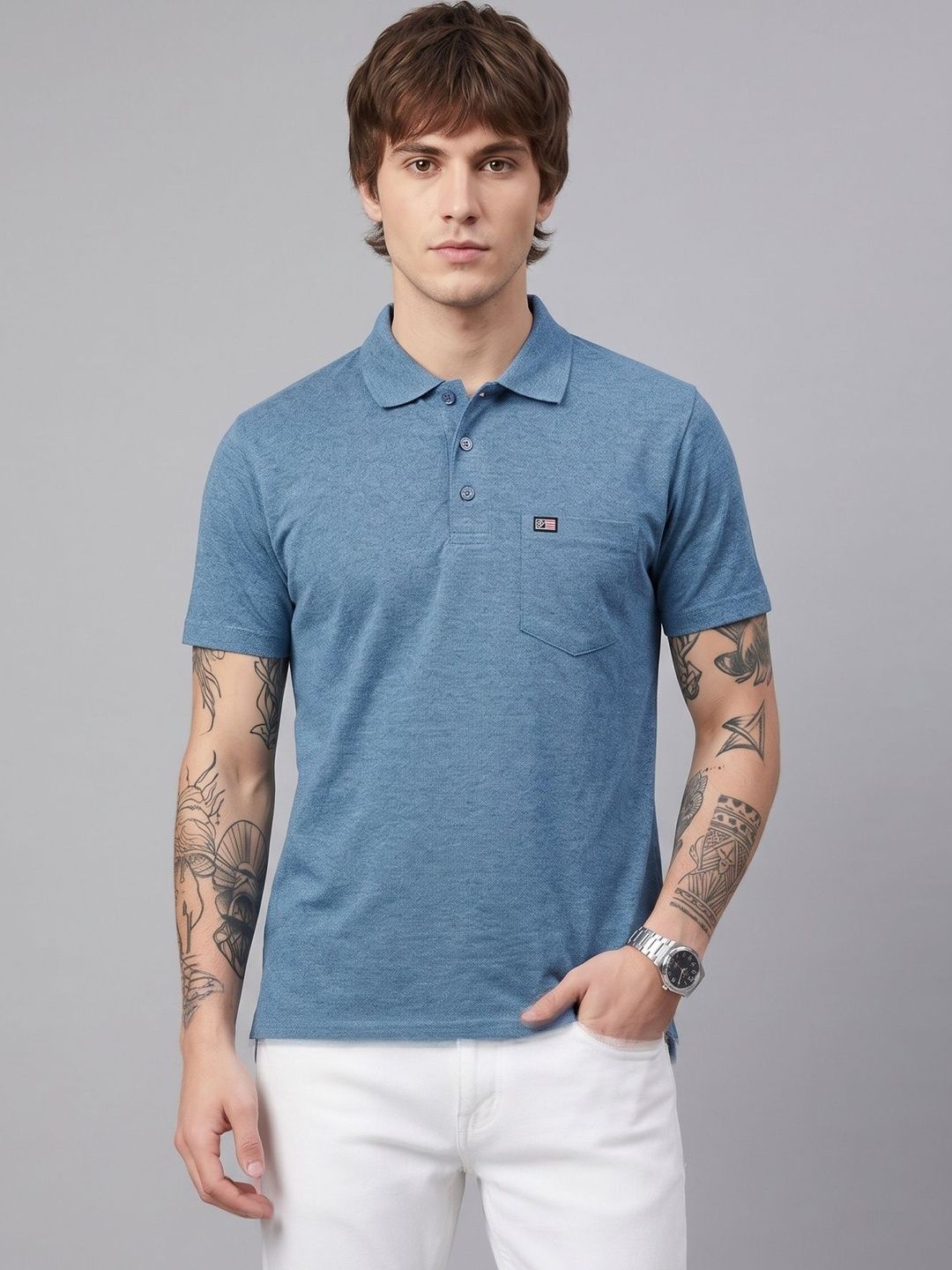 Moda Rapido Men Brand Logo Polo Collar Pockets T-shirt