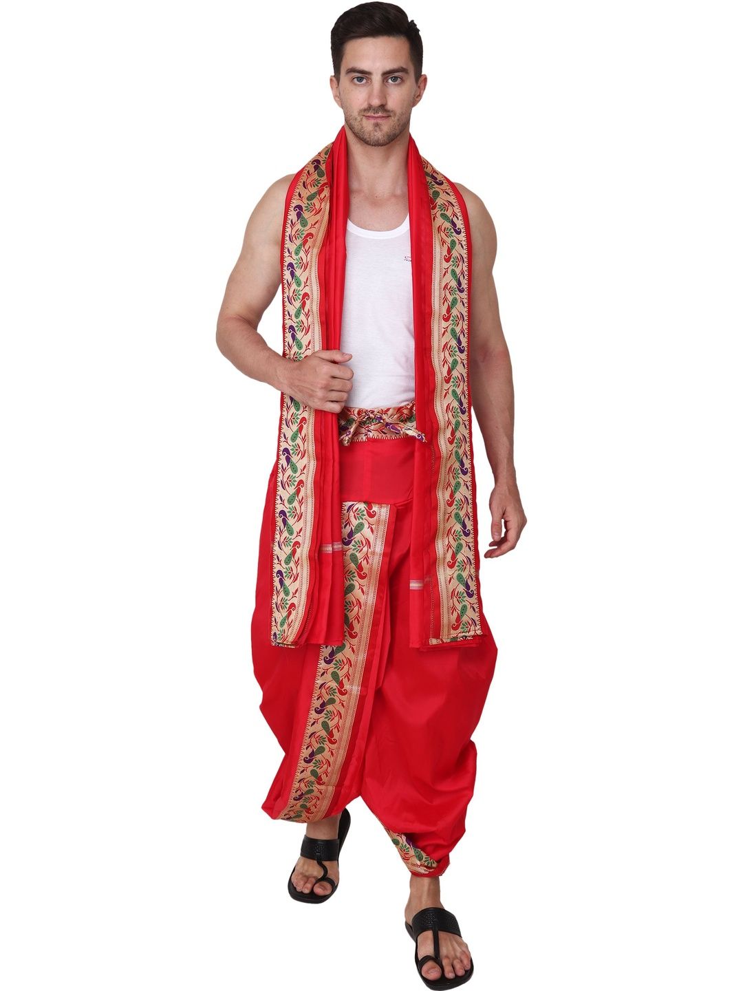 RAMESHWARAM FABRICS RAMESHWARAM FABRICS Men Red Woven Design Ready To Wear Dhoti Pants With Angavastram Set