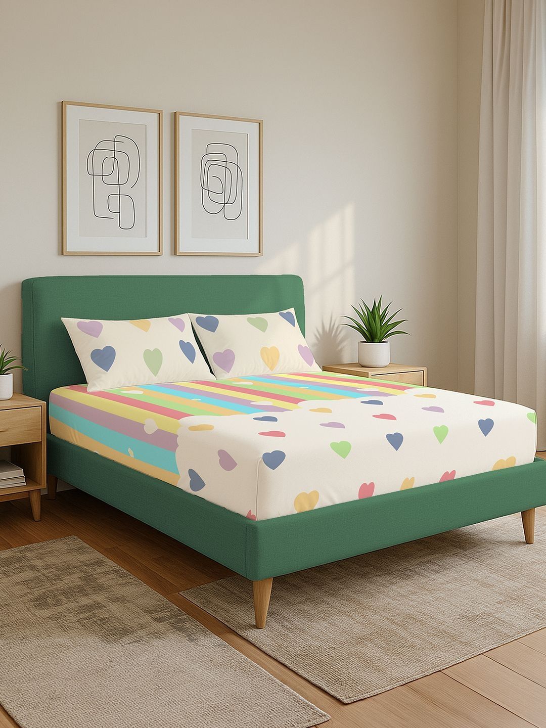 Bedsheet With 2 Pillow Covers URBAN SPACE Divine White & Green Printed Cotton 144 TC Queen Bedsheet With 2 Pillow Covers