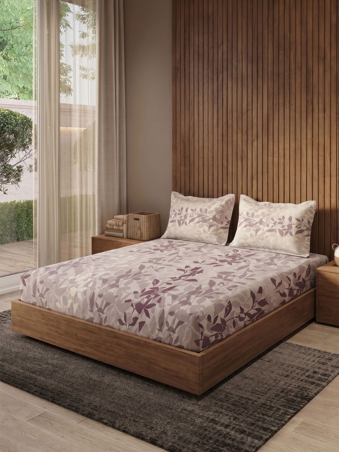145TC Combed Cotton Bedsheet DDecor Purple & White 144 TC Queen Bedsheet with 2 Pillow Covers