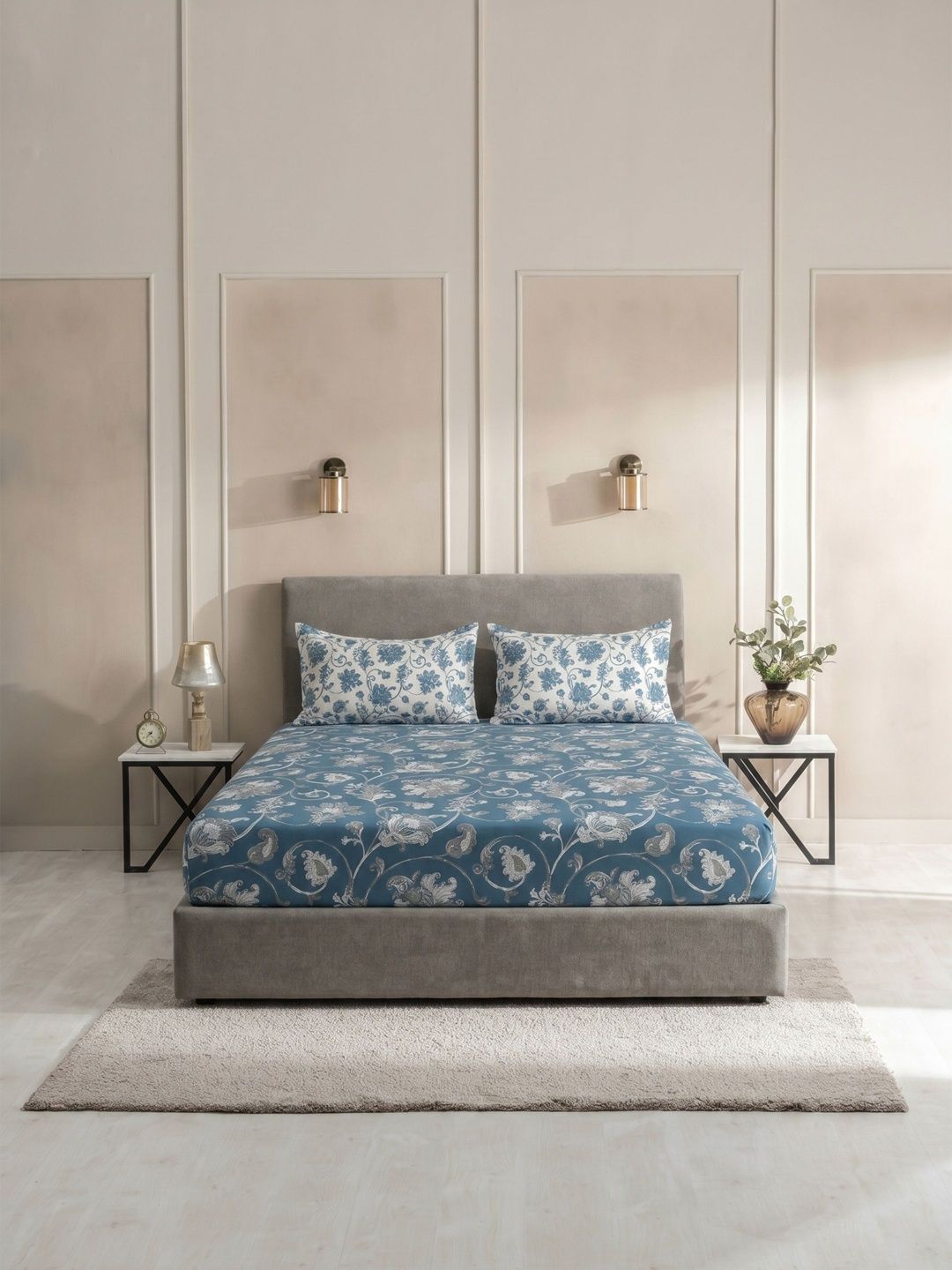 145TC Combed Cotton Bedsheet DDecor Blue Ethnic Motifs 144 TC Queen Bedsheet with 2 Pillow Covers