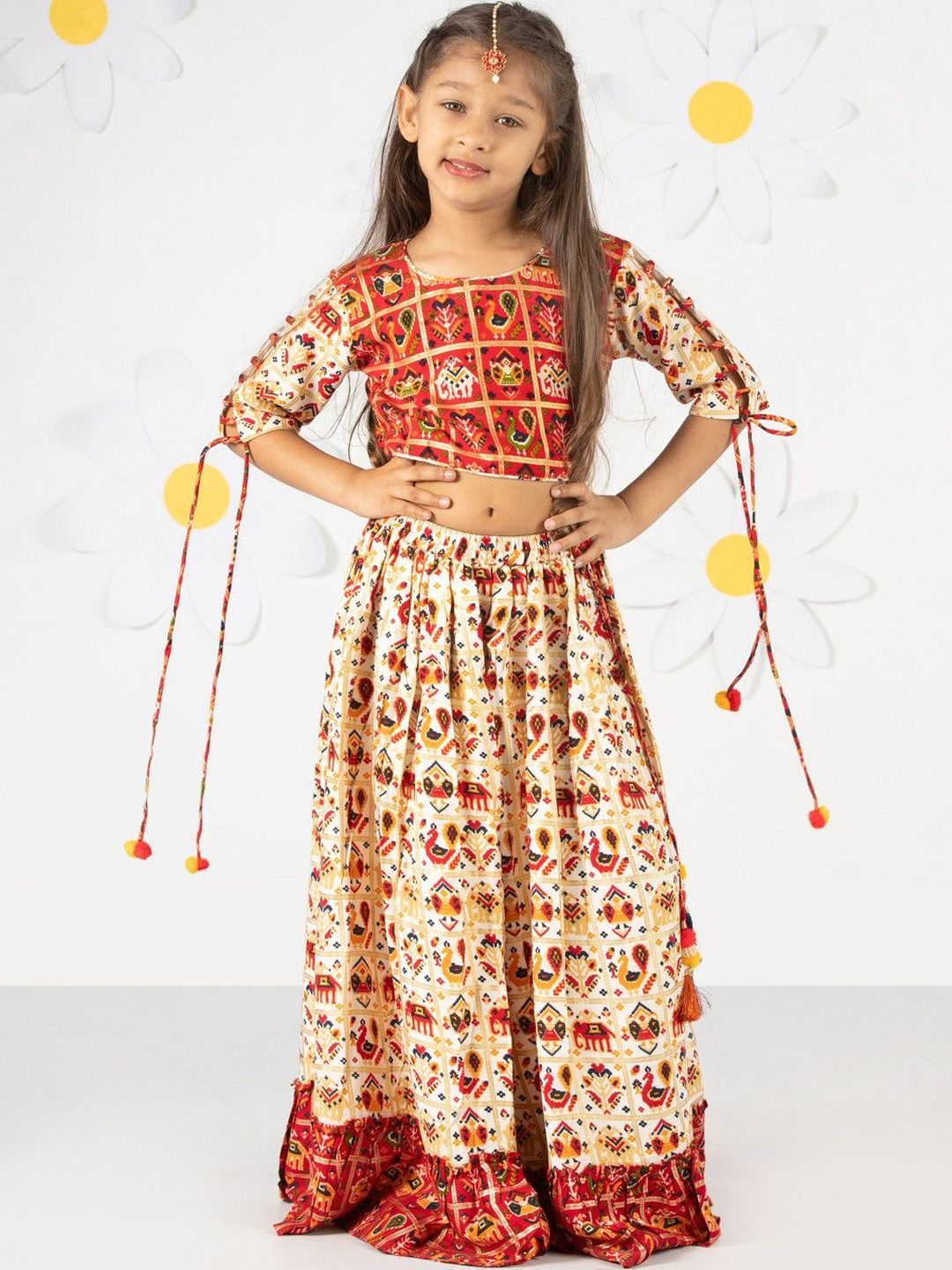 VASTRAMAY Girls Red & Cream Patola Lehenga Set