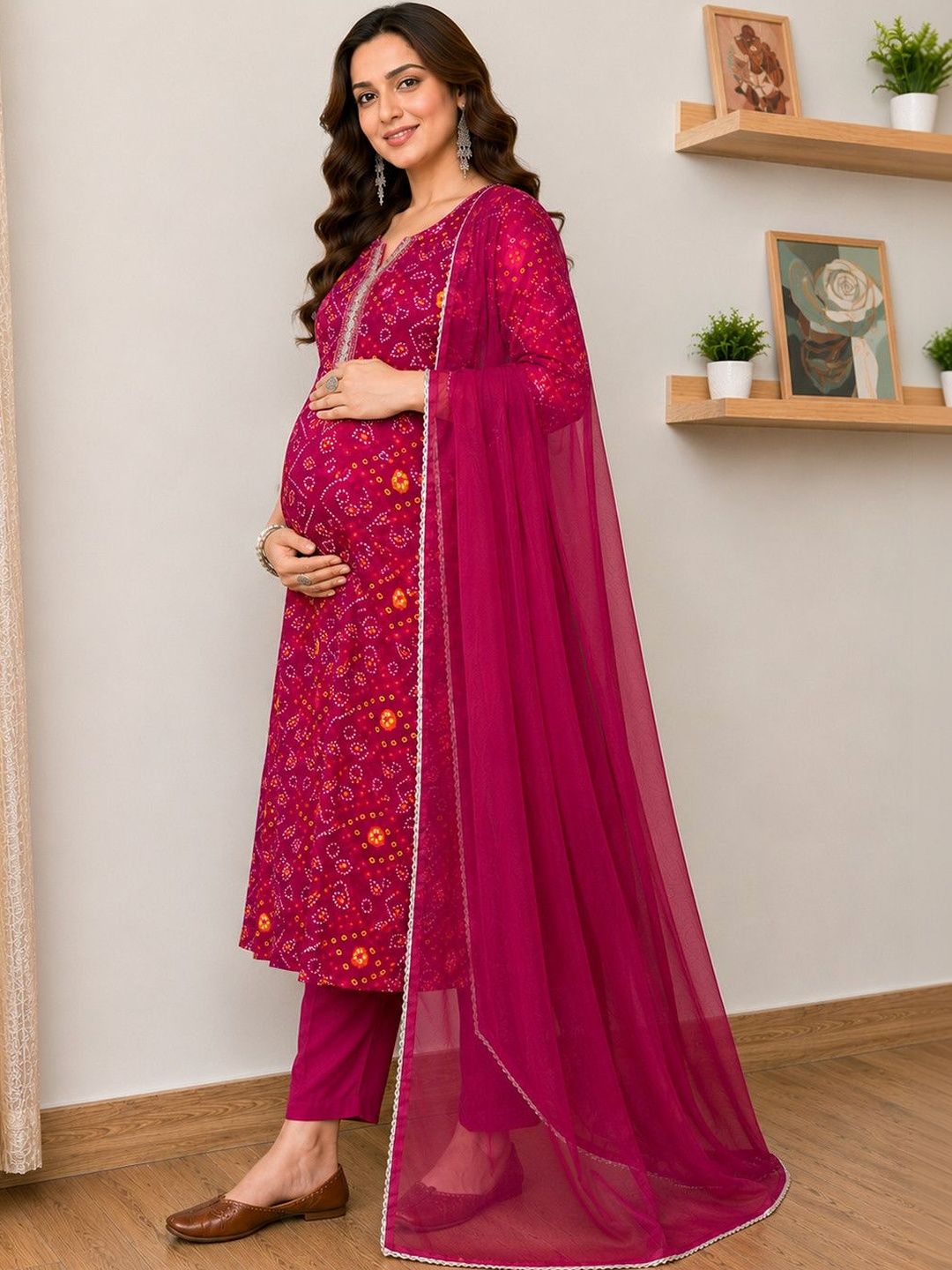 Assume Fab Women Bandhani Printed Regular Thread Work Kurta with Trousers & With Dupatta