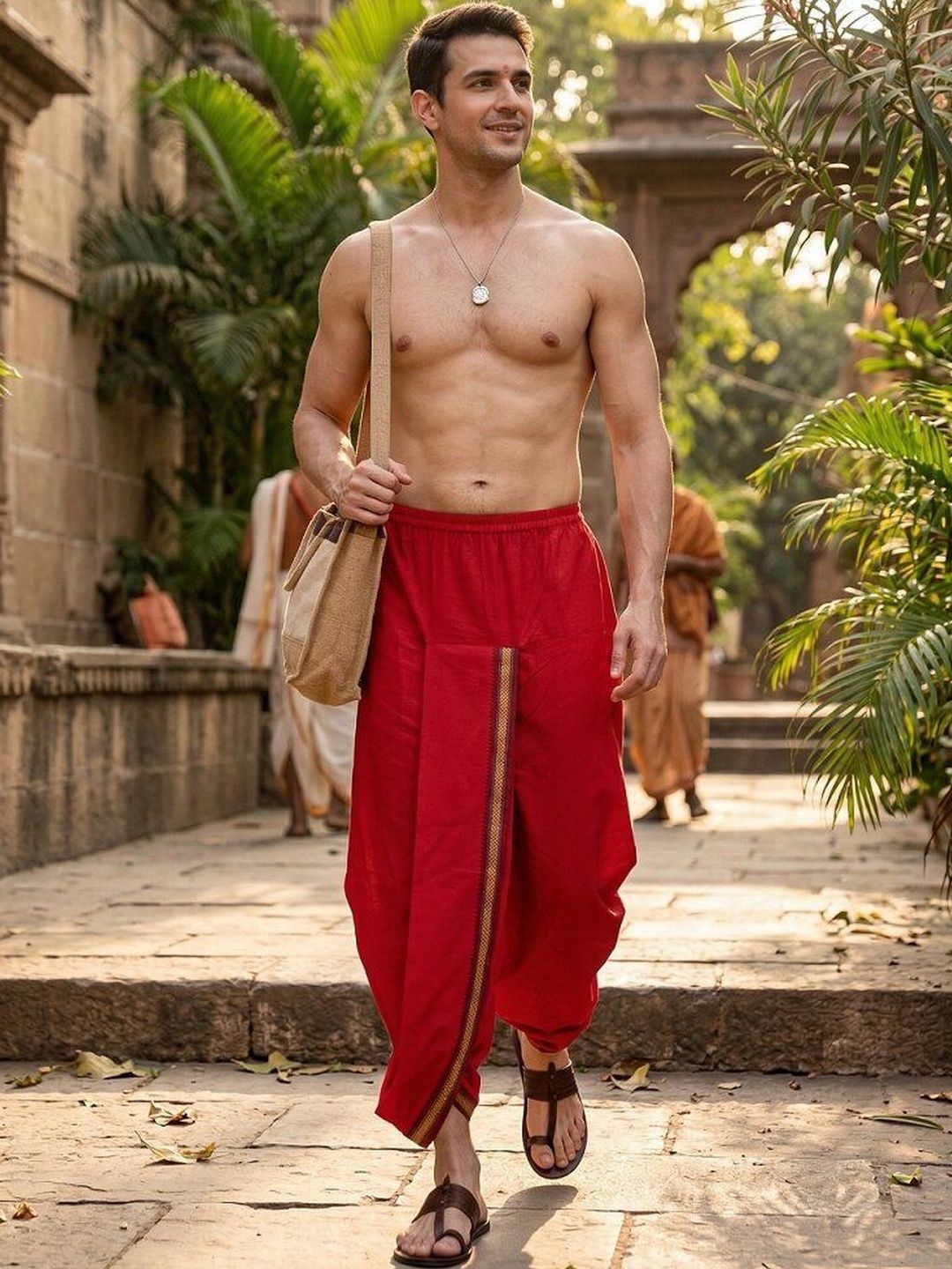 RAMESHWARAM FABRICS Men Solid Red Ready To Wear Cotton Dhoti Pant With Pocket