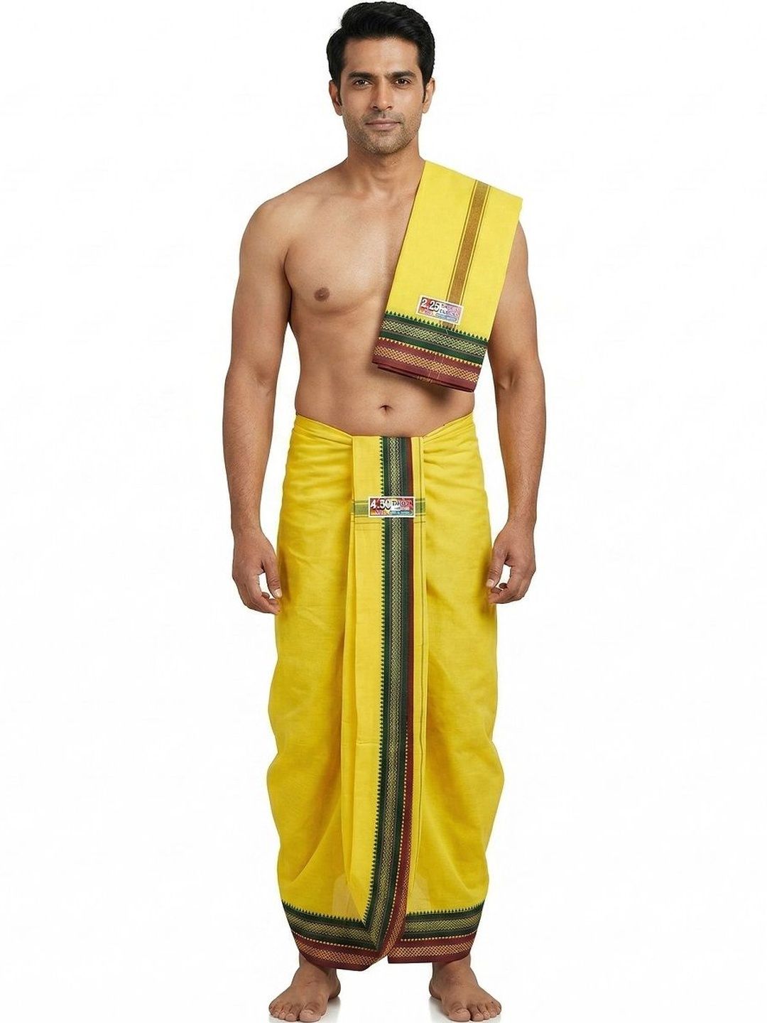RAMESHWARAM FABRICS Men Yellow Ethnic Self Drape Dhoti With Angavastram Set