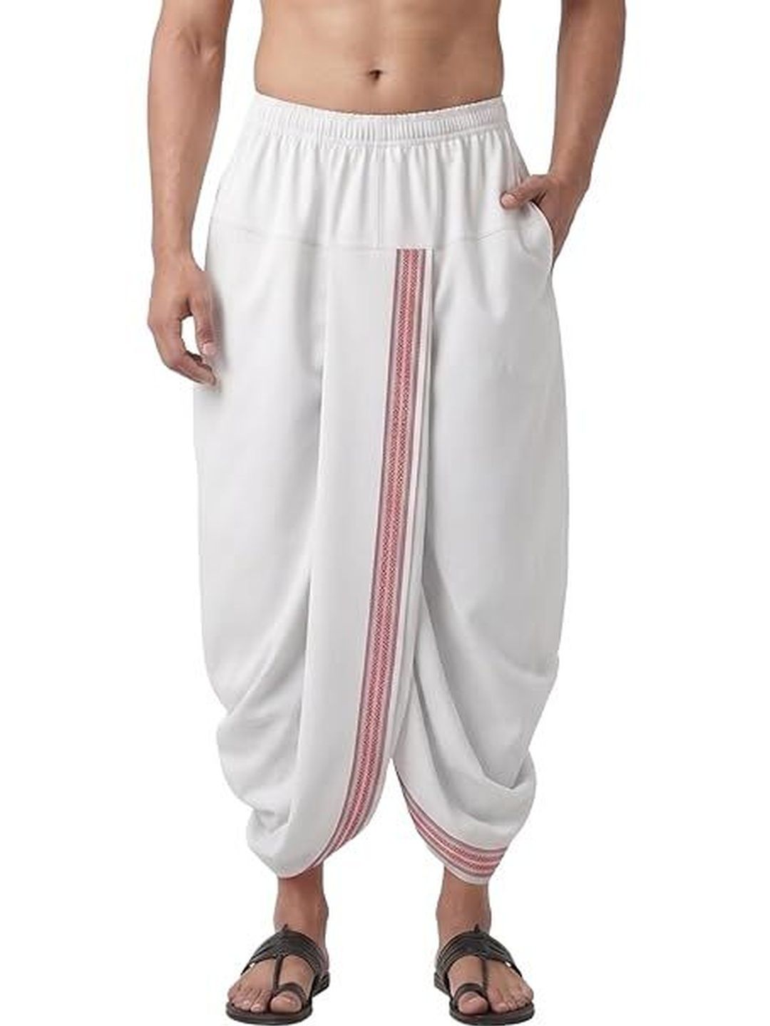 RAMESHWARAM FABRICS RAMESHWARAM FABRICS Men White Adjustable Ready To Wear Dhoti Pant With Pocket