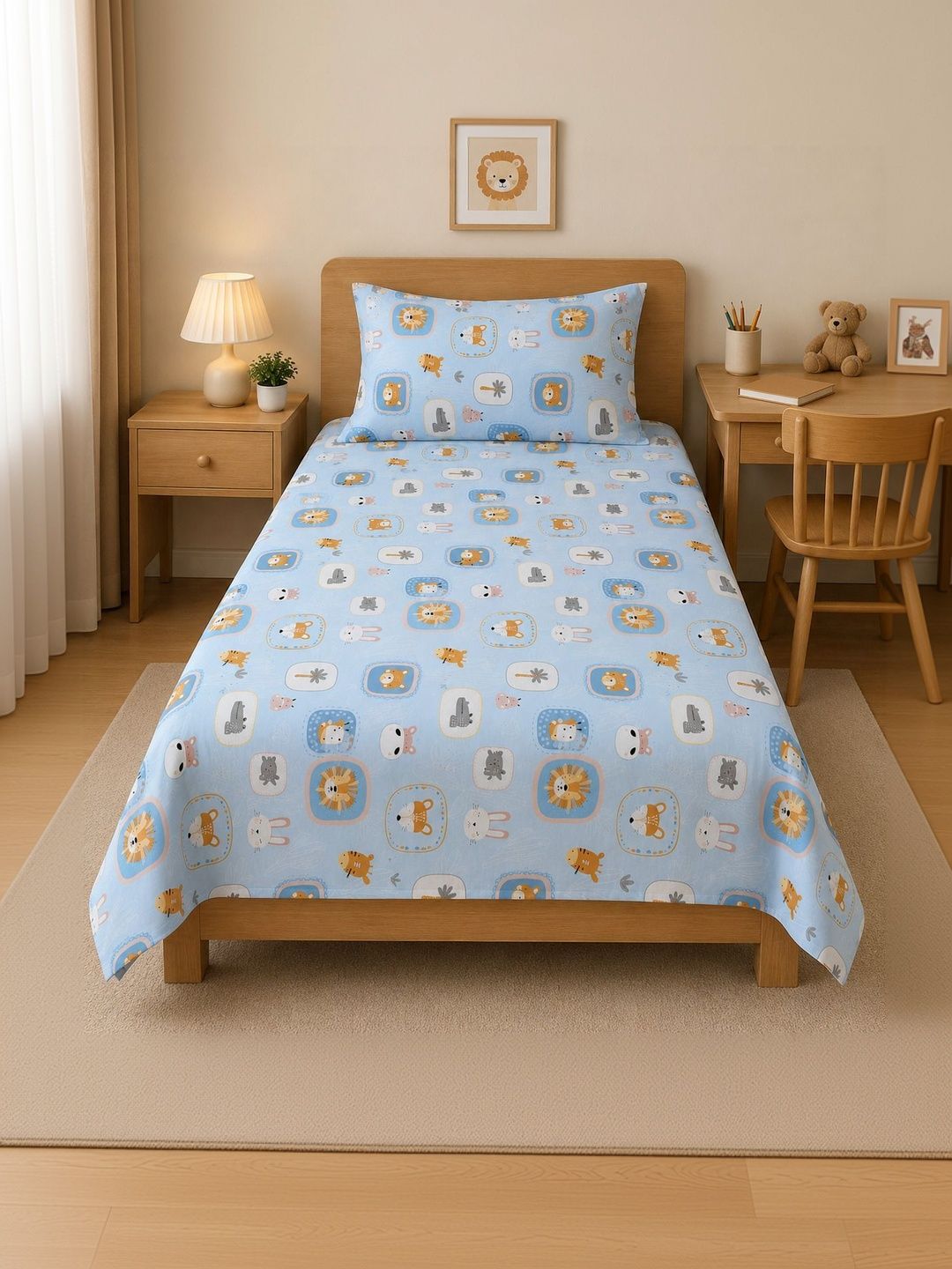 TINDLER KNOTS TINDLER KNOTS Blue & White Cartoon Characters 180 TC Single Bedsheet with 1 Pillow Covers