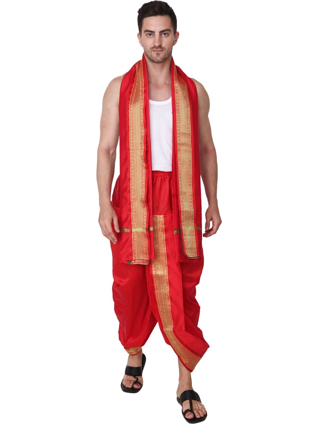 RAMESHWARAM FABRICS RAMESHWARAM FABRICS Men Red Solid Ready To Wear Dhoti Pants With Angavastram Set