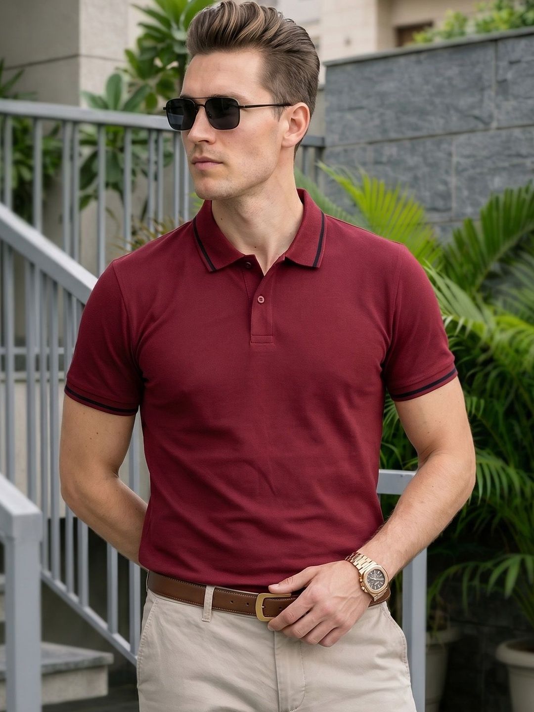 VEIRDO Men Maroon Solid Polo Collar Cotton T-shirt
