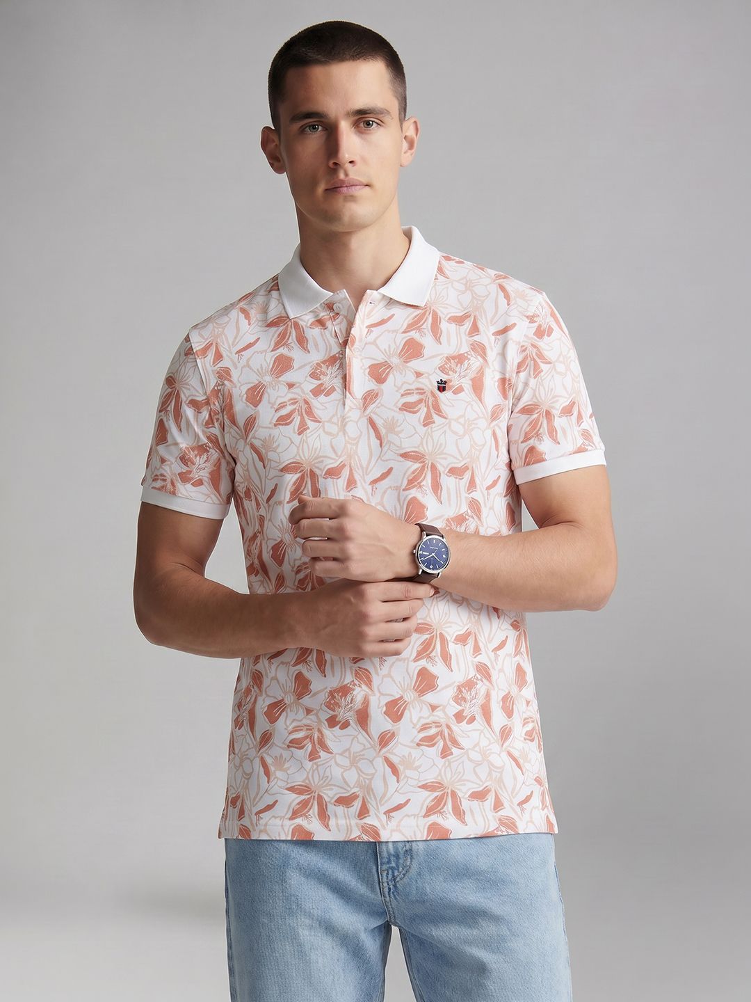 Printed Slim Fit T-shirt Louis Philippe Sport Floral Printed Polo Collar Pure Cotton Slim Fit T-shirt