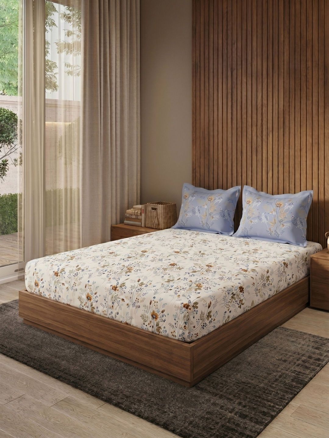 145TC Combed Cotton Bedsheet DDecor Blue & Blue Floral 144 TC Queen Bedsheet with 2 Pillow Covers