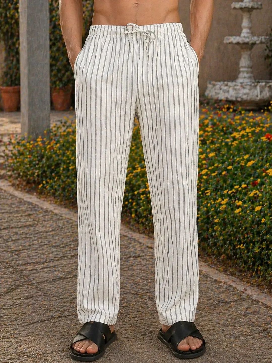 HERE&NOW Men Striped Relaxed Easy Wash Trousers