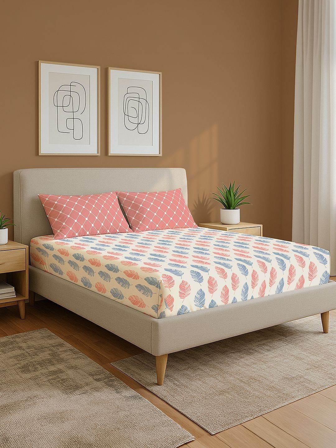 URBAN SPACE Peach Floral 144 Tc Queen Bedsheet With 2 Pillow Covers