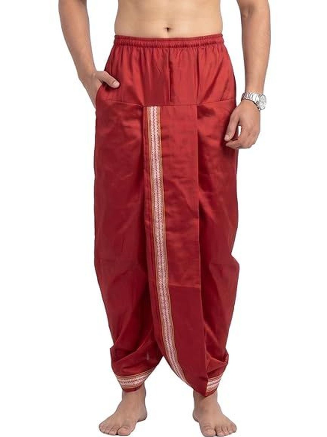 RAMESHWARAM FABRICS RAMESHWARAM FABRICS Men Red Adjustable Ready To Wear Dhoti Pant With Pocket