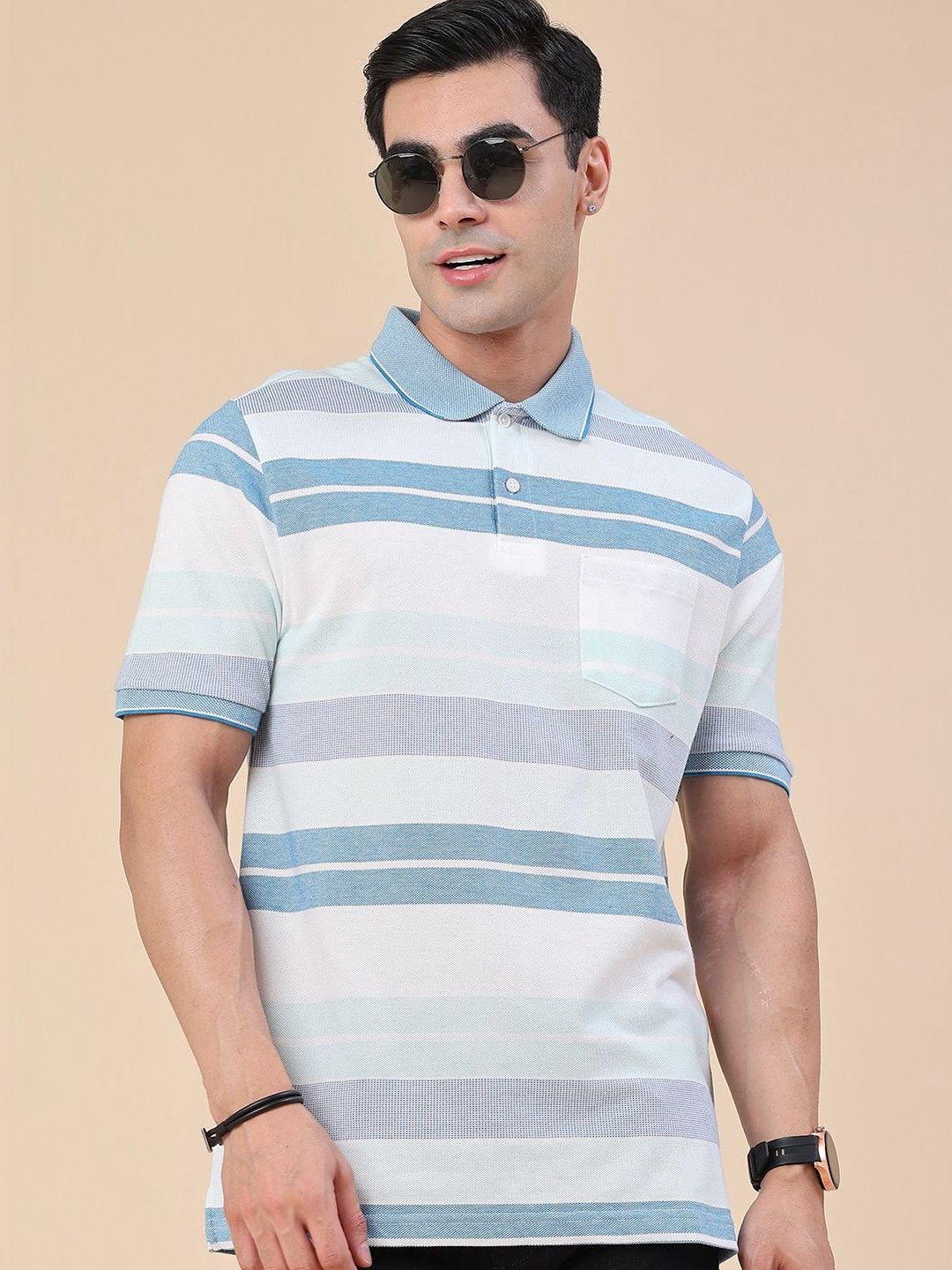 LIMEROAD Men Striped Polo Collar Pockets T-shirt
