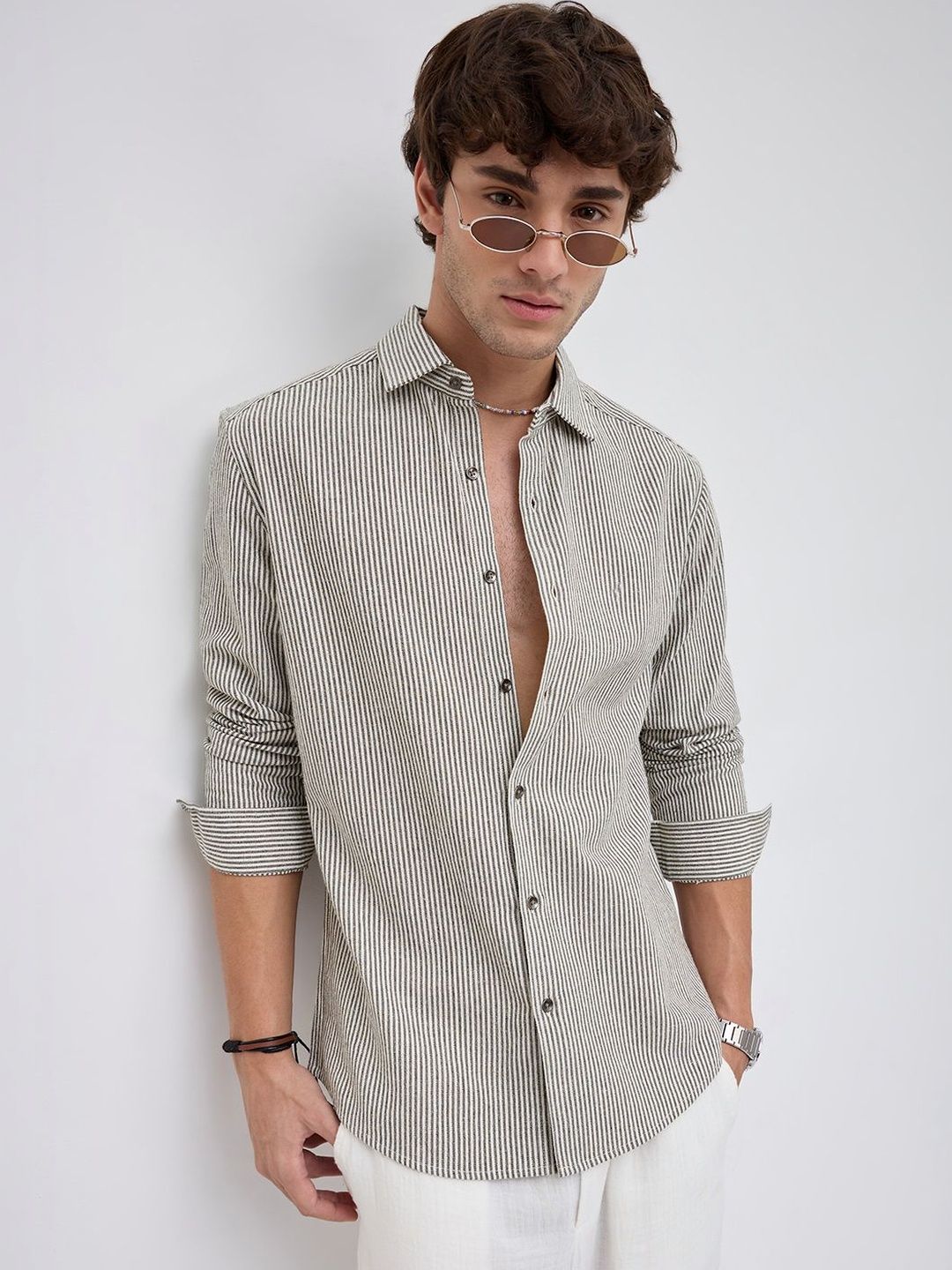 VASTRADO Olive & White Vertical Striped Relaxed Shirt