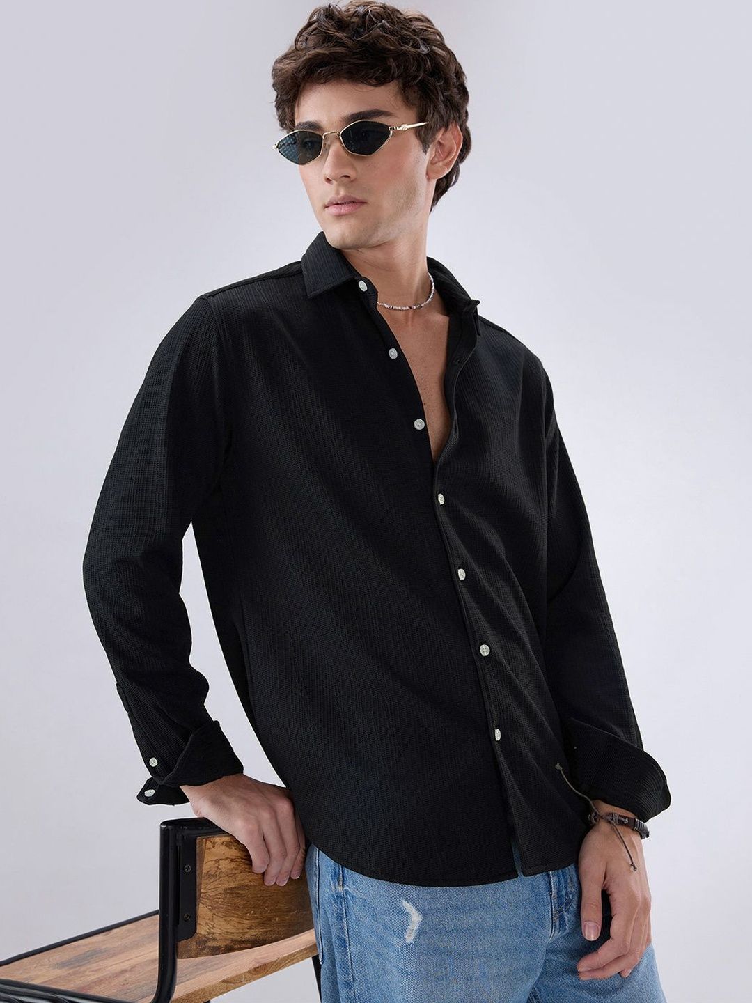 VASTRADO Jet Black Matrix Weave Knitted Shirt