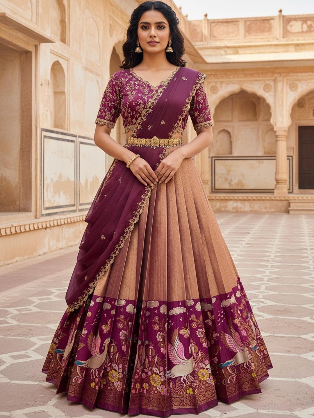 Pink Bindi Embroidered Thread Work Unstitched Lehenga & Blouse With Dupatta