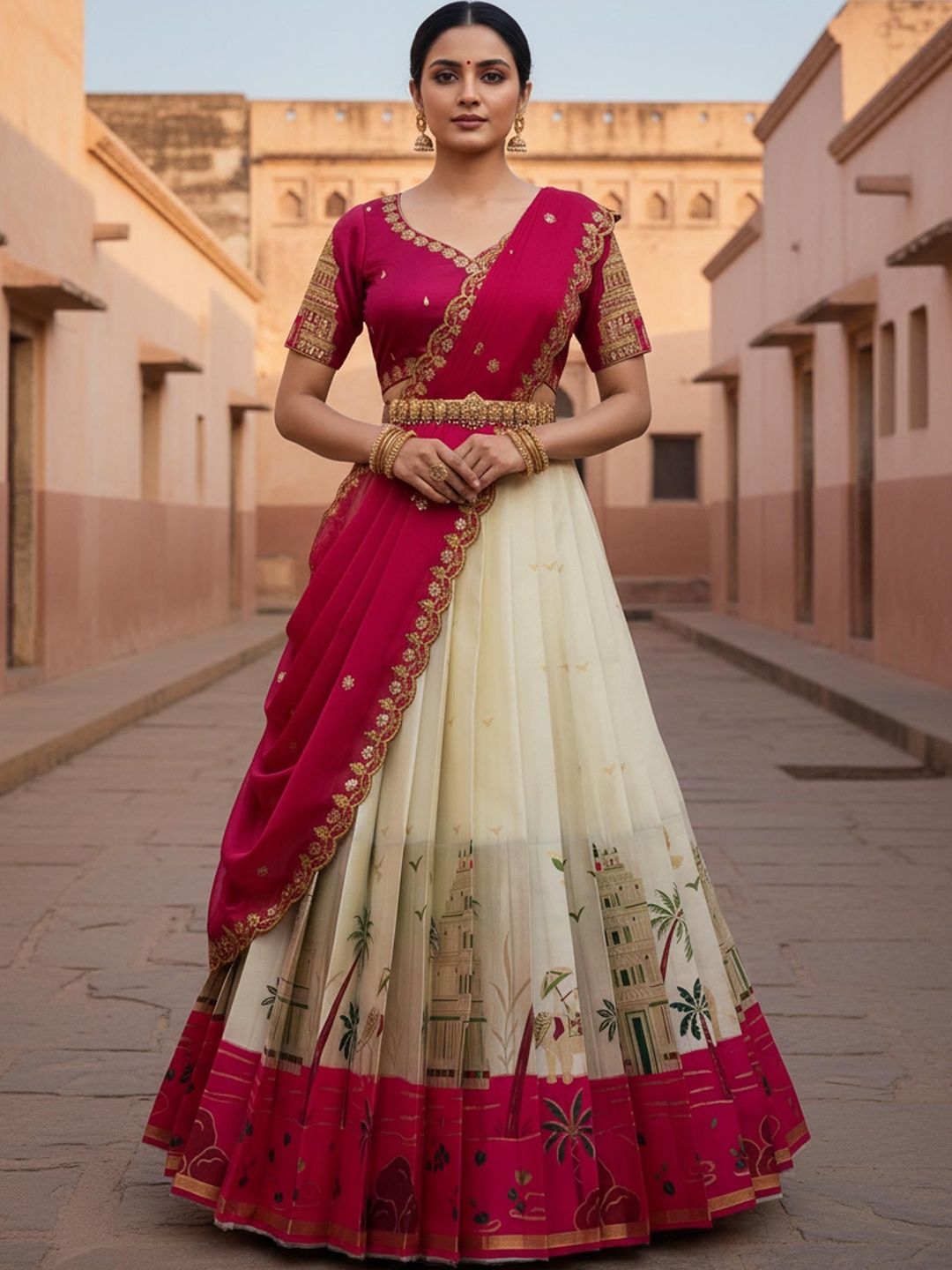 Pink Bindi Embroidered Unstitched Lehenga & Blouse With Dupatta