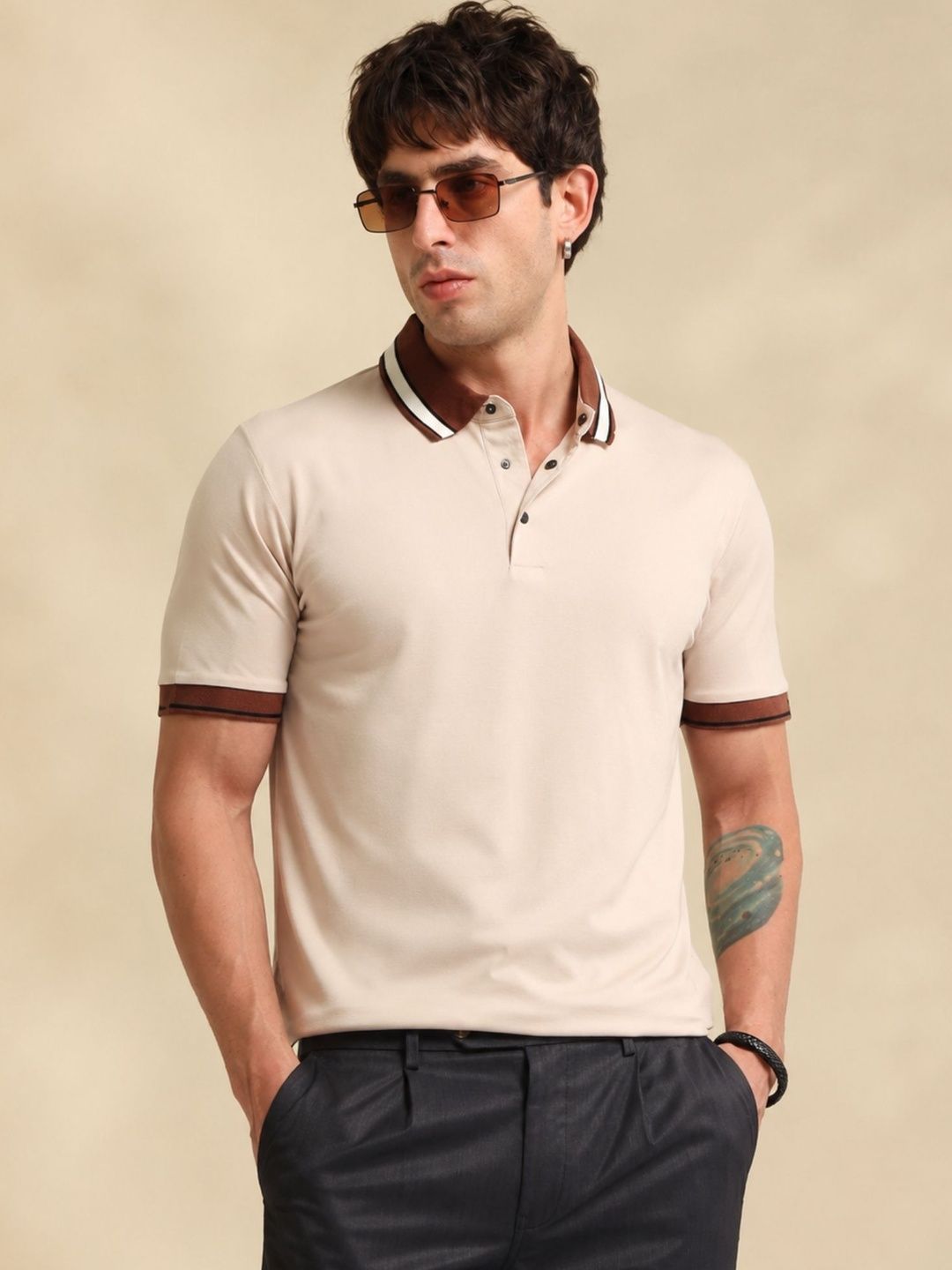 Maniac Men Biscuit Contrast Half Sleeve Polo T-Shirt