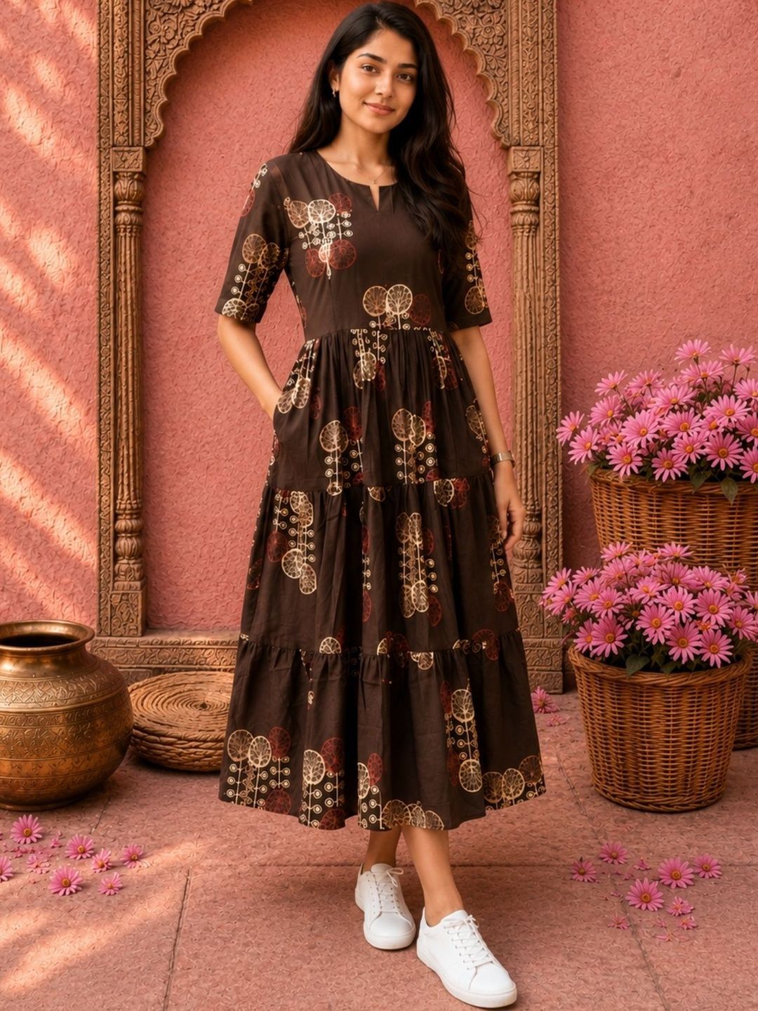 NAVYAAZRI Ethnic Motifs Print A-Line Midi Dress