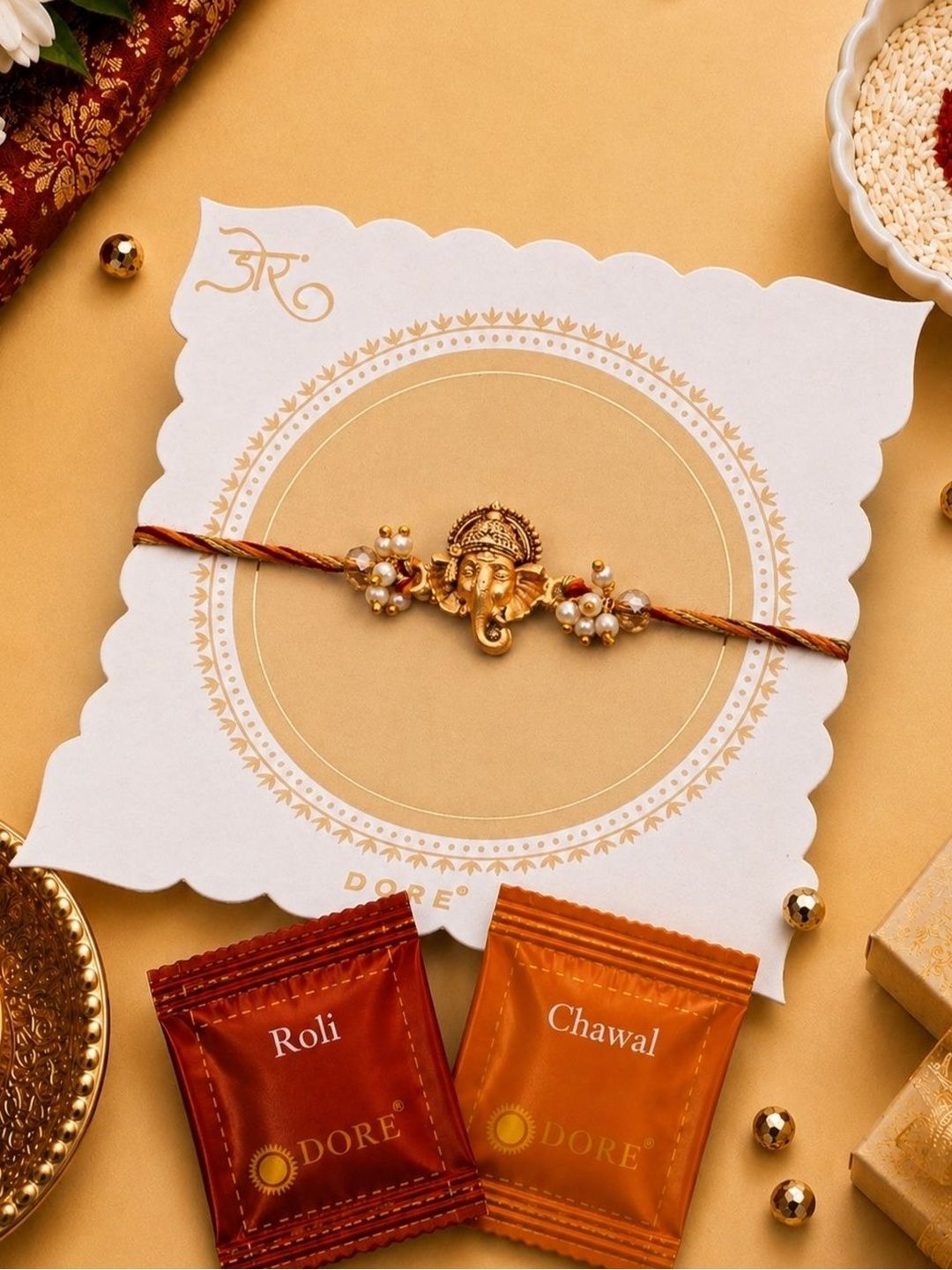 Dore Antique Ganesha Pearl Rakhi with Premium Roli Chawal