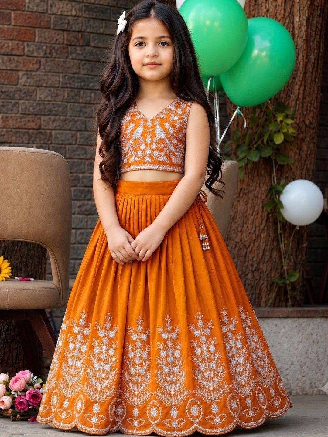 Sangria Girls Embroidered Thread Work Ready to Wear Lehenga & Blouse With Dupatta