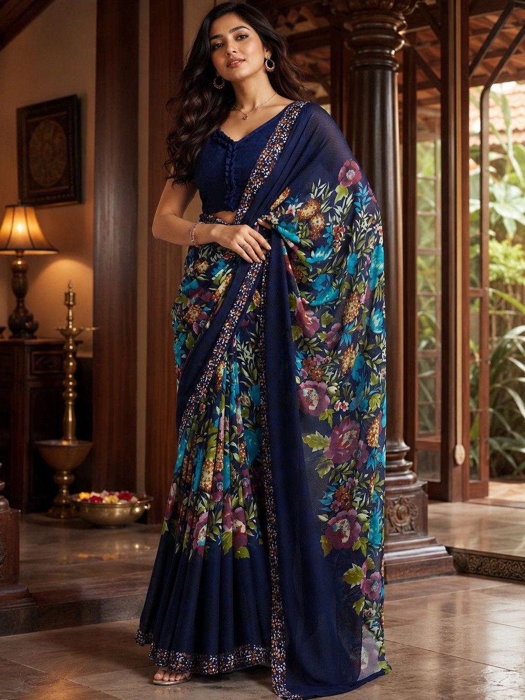 Sangria Floral Poly Georgette Saree