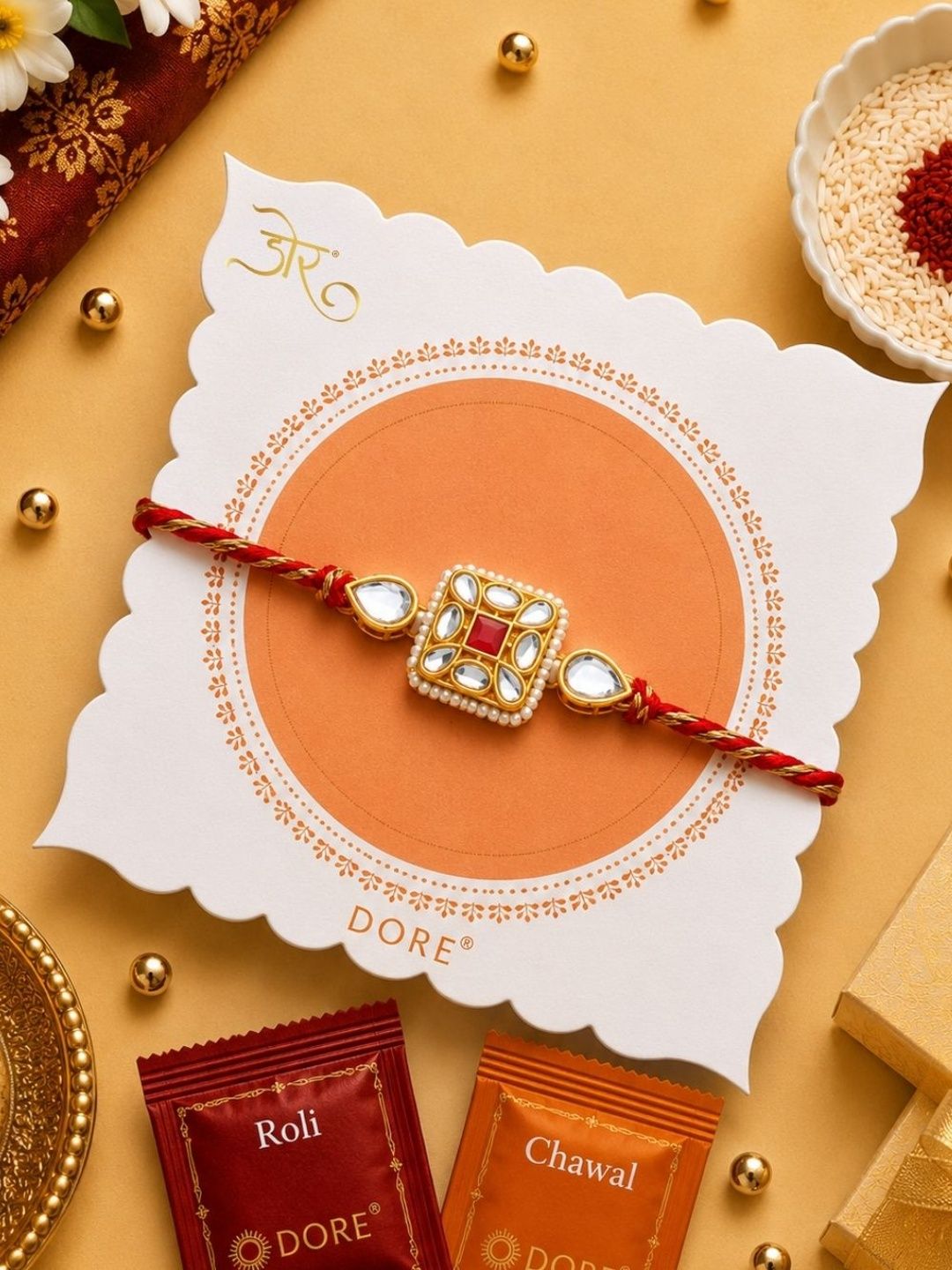 Dore Red Meena Work Square Jaipuri Kundan Rakhi