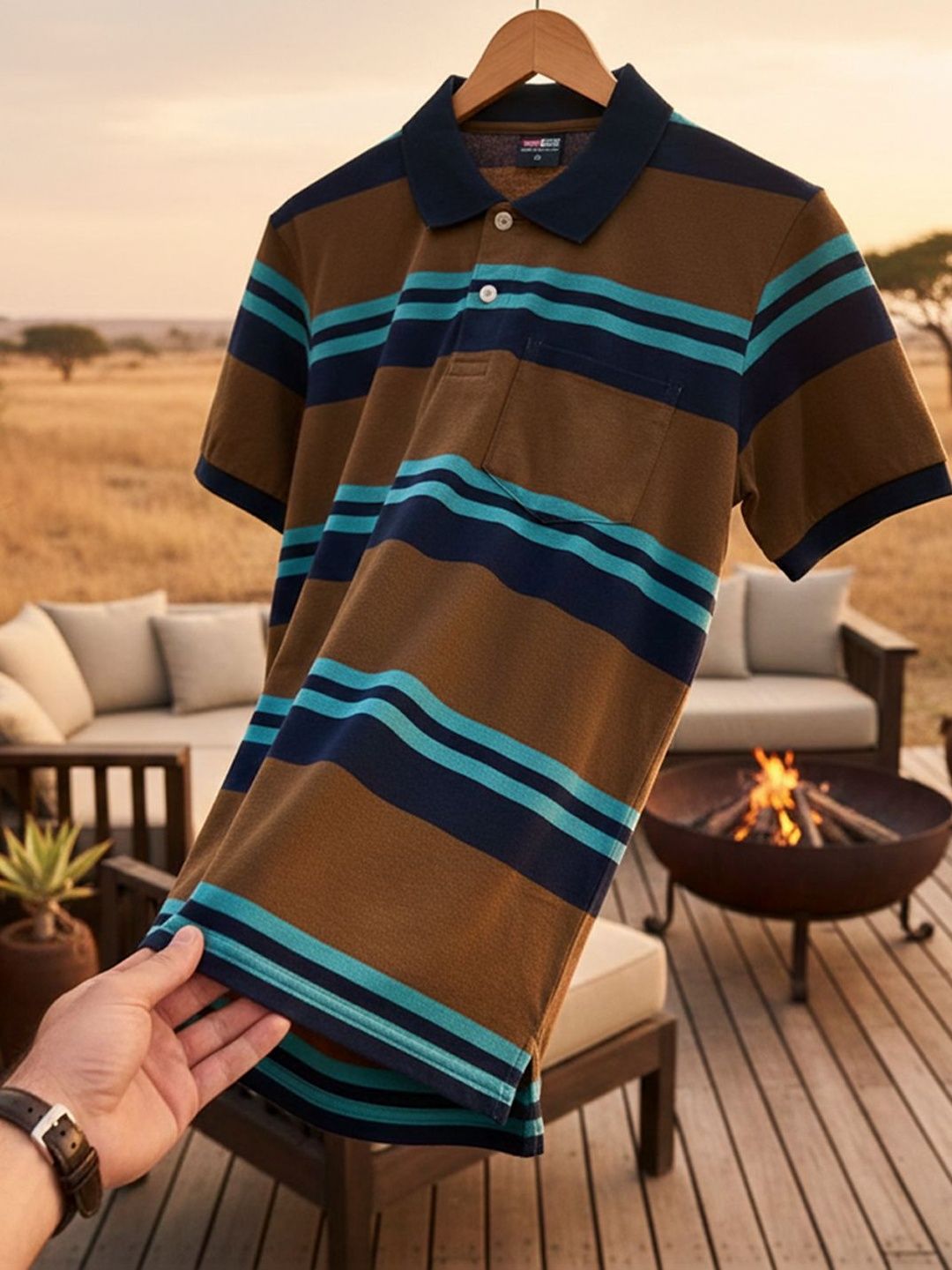 Moda Rapido Men Striped Polo Collar Pockets T-shirt
