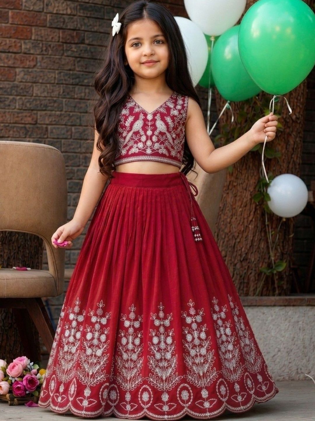 Sangria Girls Embroidered Thread Work Ready to Wear Lehenga & Blouse With Dupatta