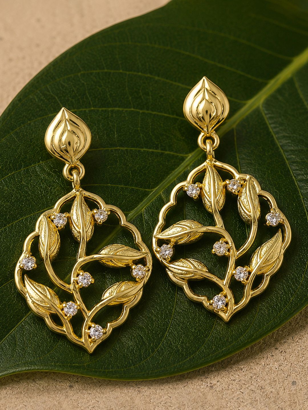 Gold-Plated Dangle Earrings Voylla Gold-Plated Leaf Shaped Cubic Zirconia Drop Earrings