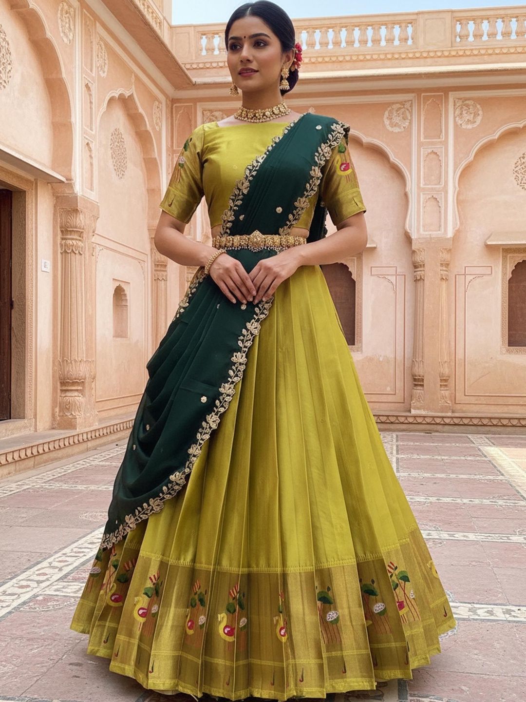 Pink Bindi Embellished Thread Work Unstitched Lehenga & Blouse With Dupatta