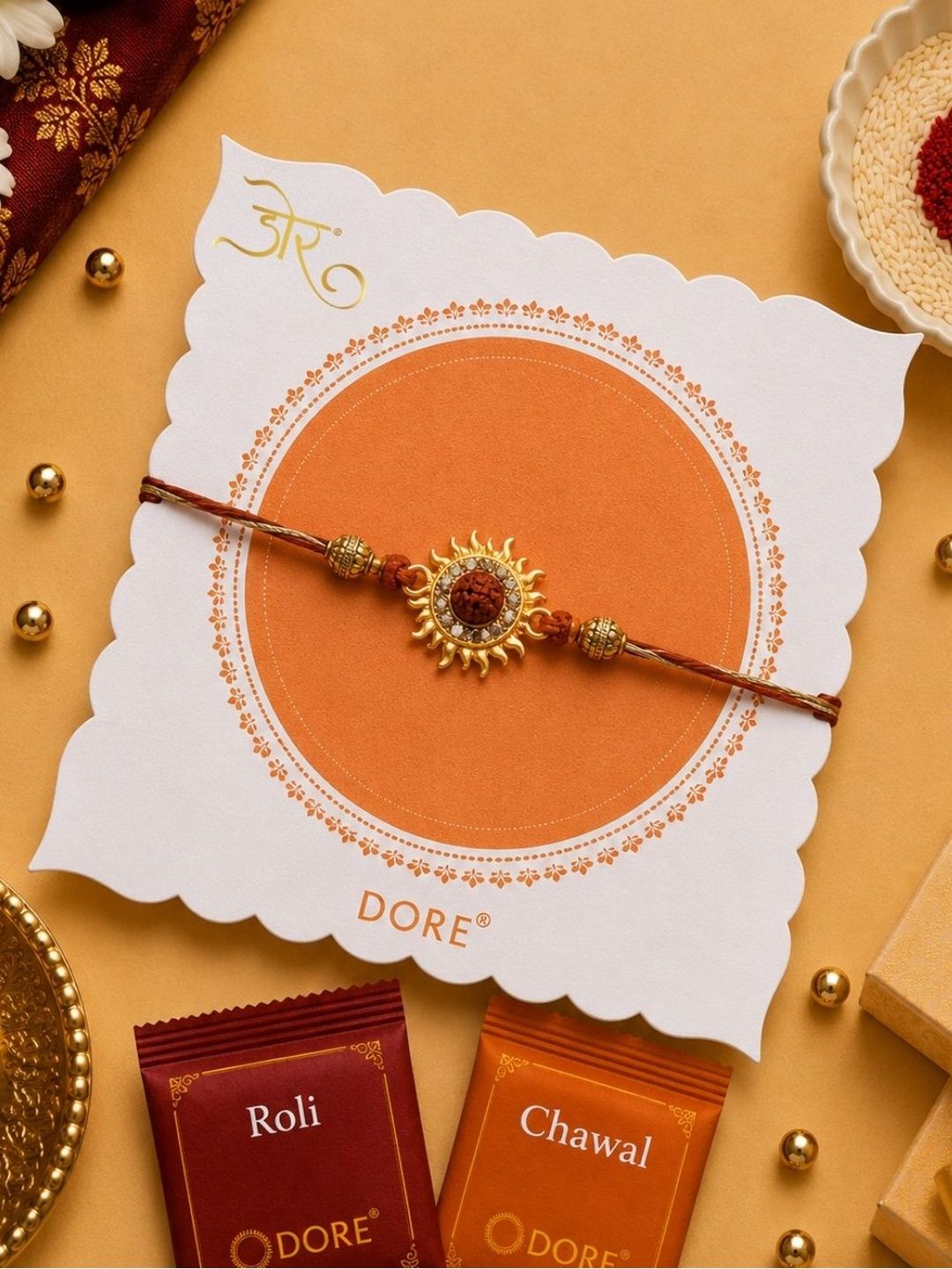 Dore Spiritual Rudraksha Sun Rakhi with Roli Chawal Ritual Kit