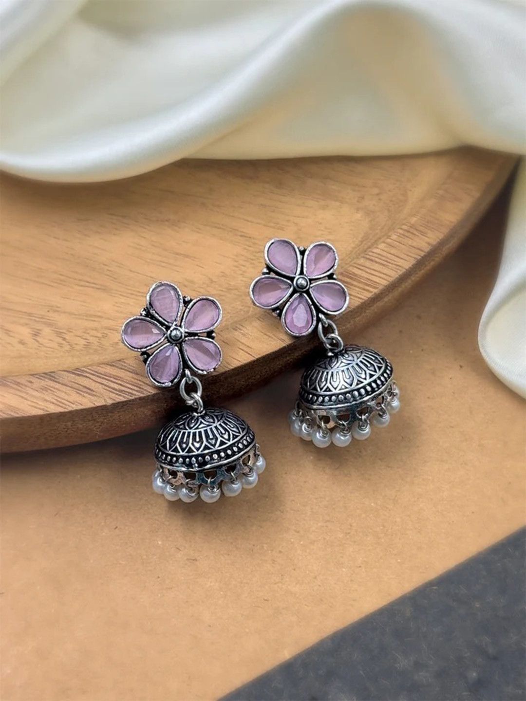 NAMAN ARTS NAMAN ARTS Silver-Plated Artificial Stones Studded & Beaded Dome Shaped Oxidised Jhumkas