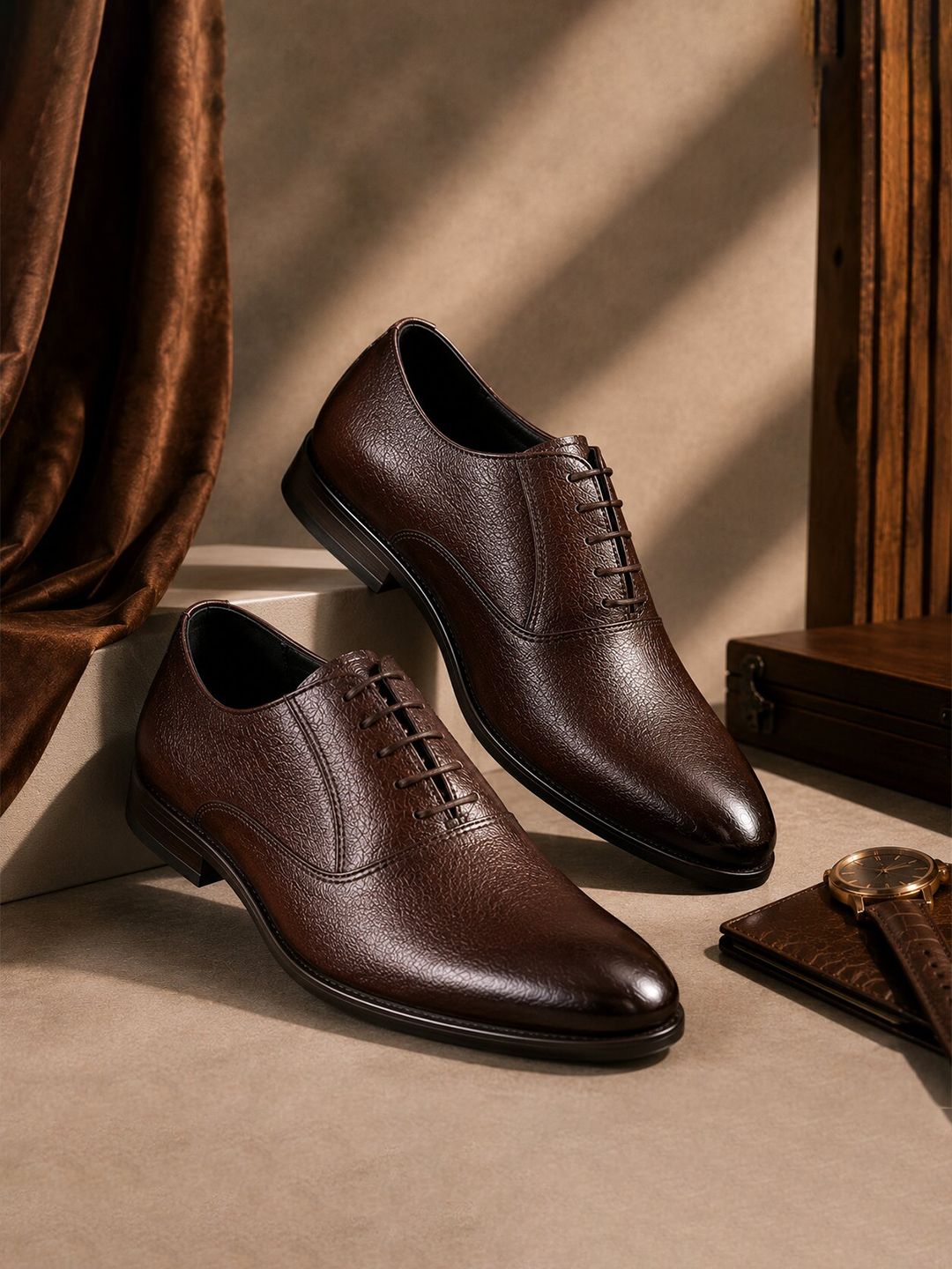 Provogue Men Textured Leather Pointed Toe Lace-Ups Formal Oxfords