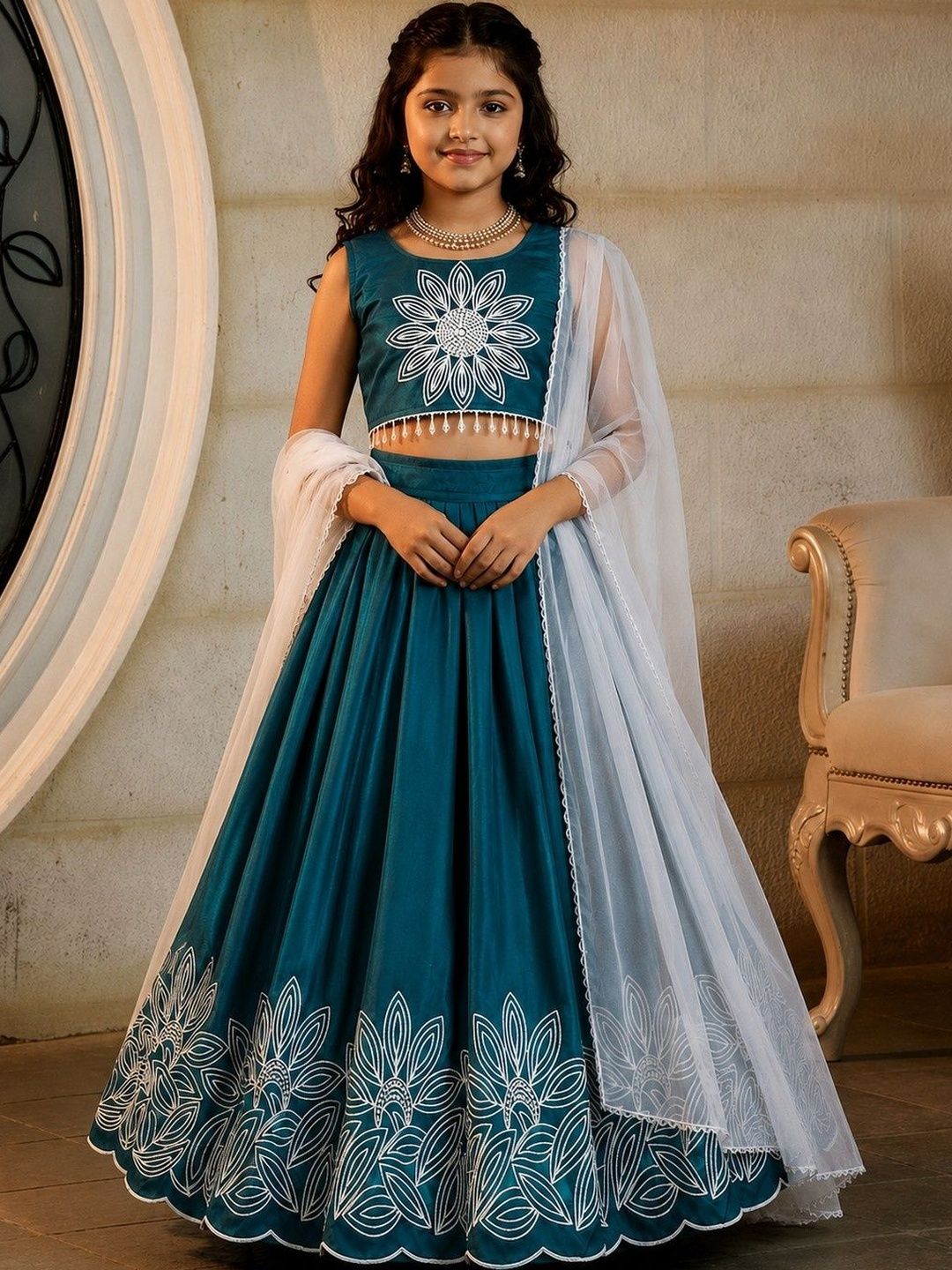 KALINI Girls Embroidered Thread Work Ready to Wear Lehenga & Blouse With Dupatta