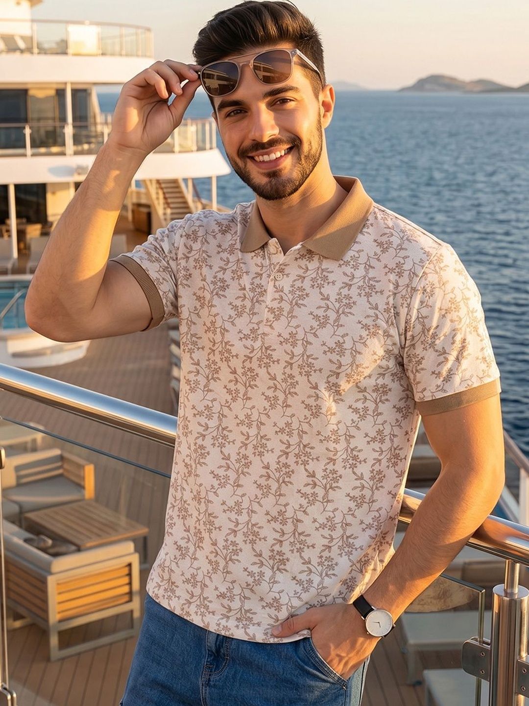 HERE&NOW Men Floral Printed Polo Collar T-shirt
