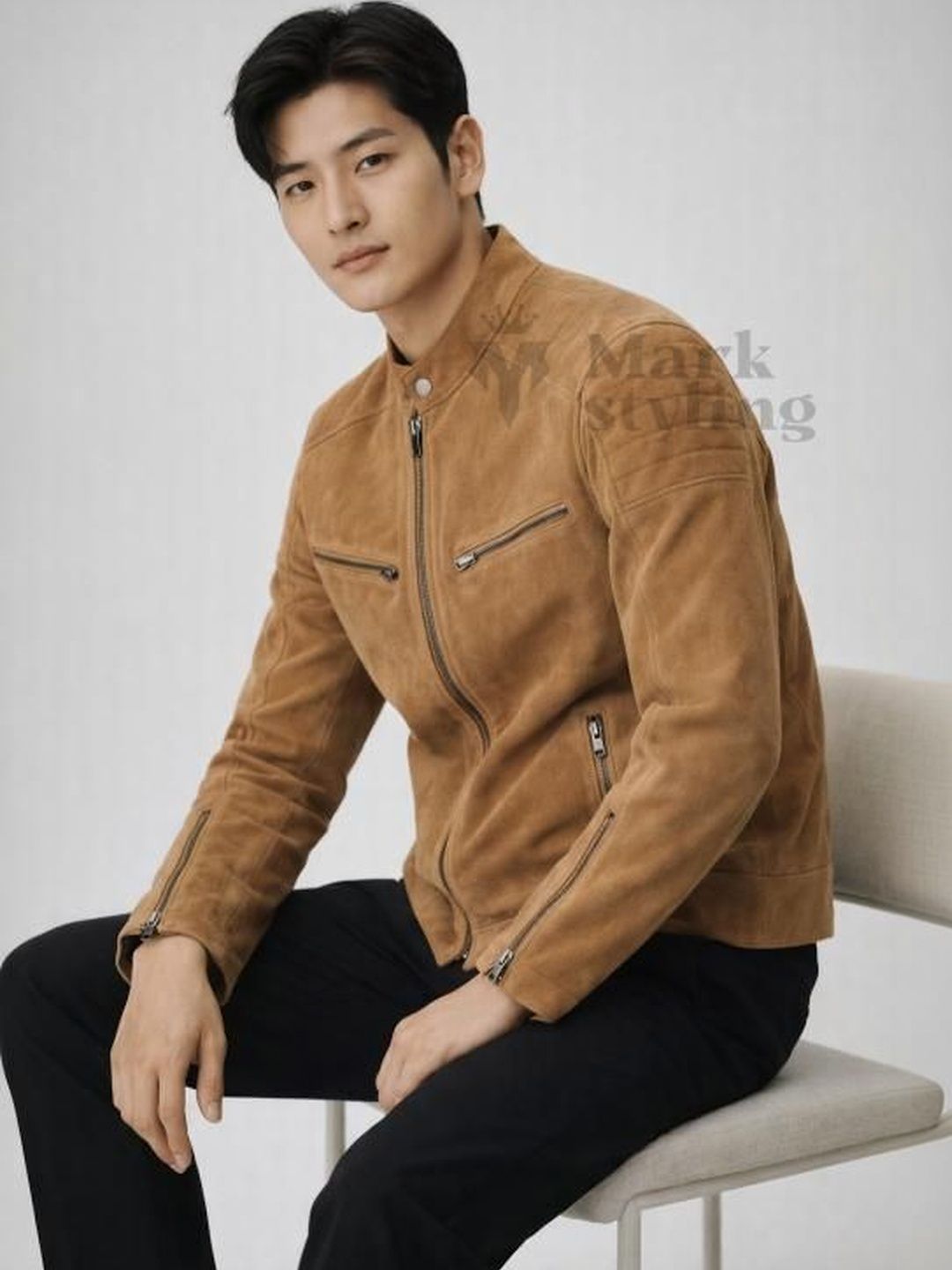 Mark Styling Long Sleeves Leather Biker Jacket