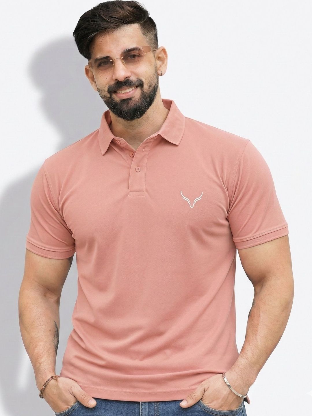 HANABY Peach Polo Collar Muscle Fit T-shirt with Brand Logo