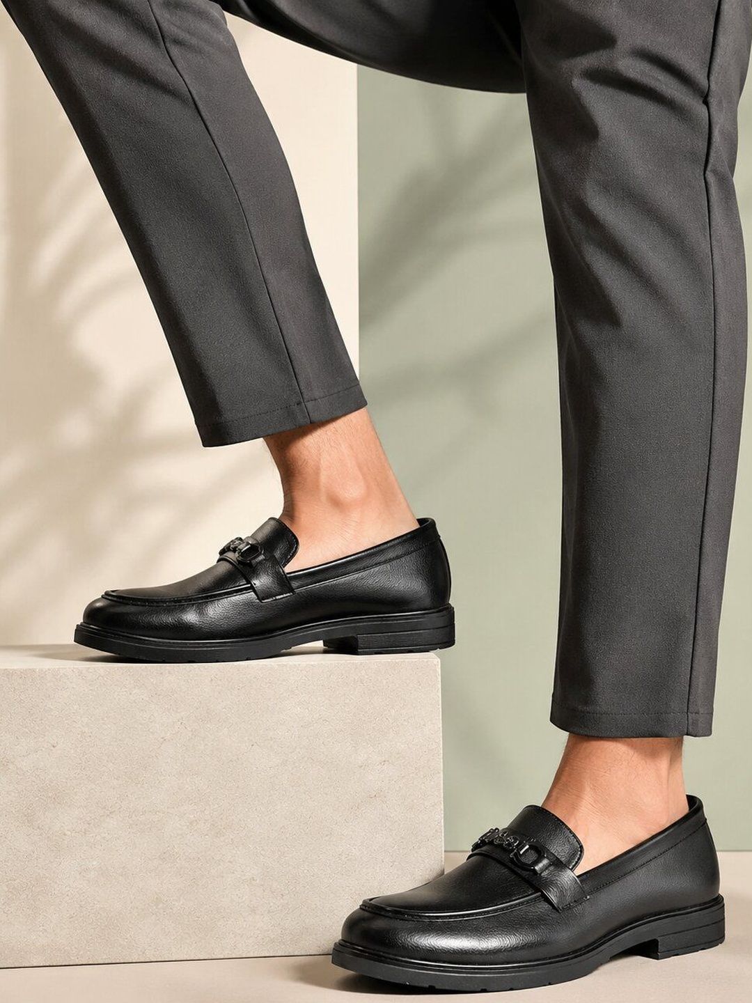 HERE&NOW Men Black Synthetic Leather Formal Loafers Slip On Moccasins Horsebit Shoes
