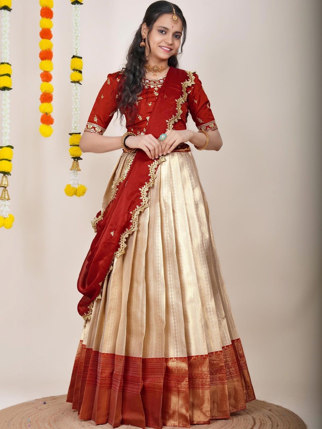 Pink Bindi Embroidered Unstitched Lehenga & Blouse With Dupatta