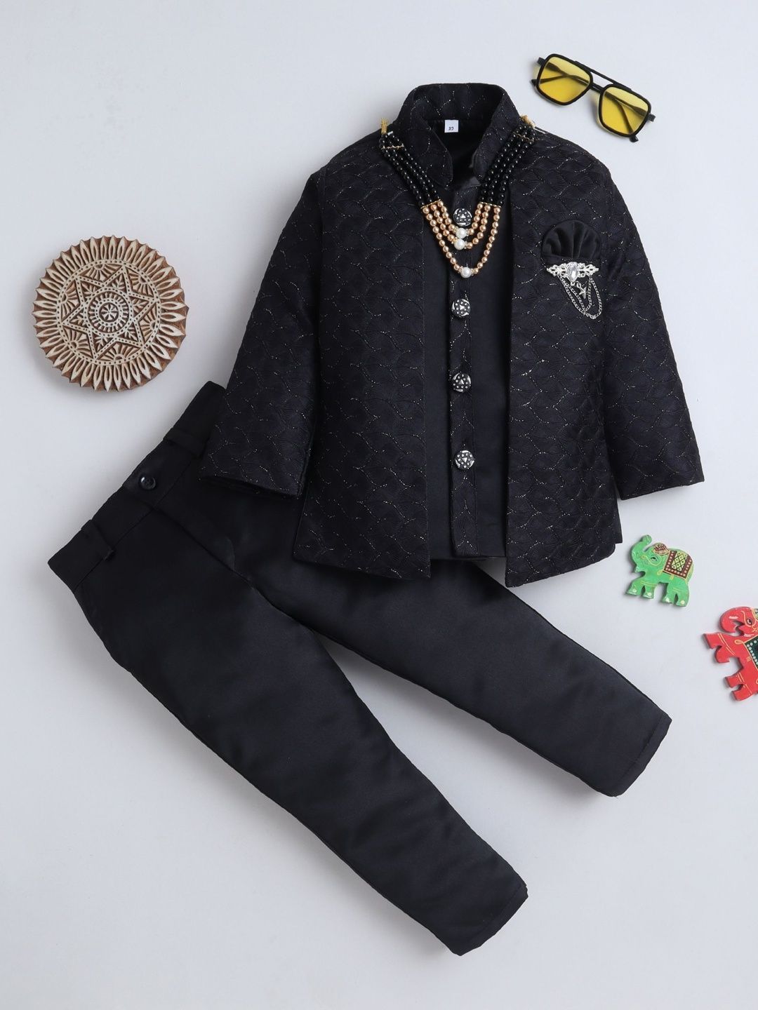 Sangria Boys Embroidered Mandarin Collar Sherwani Set