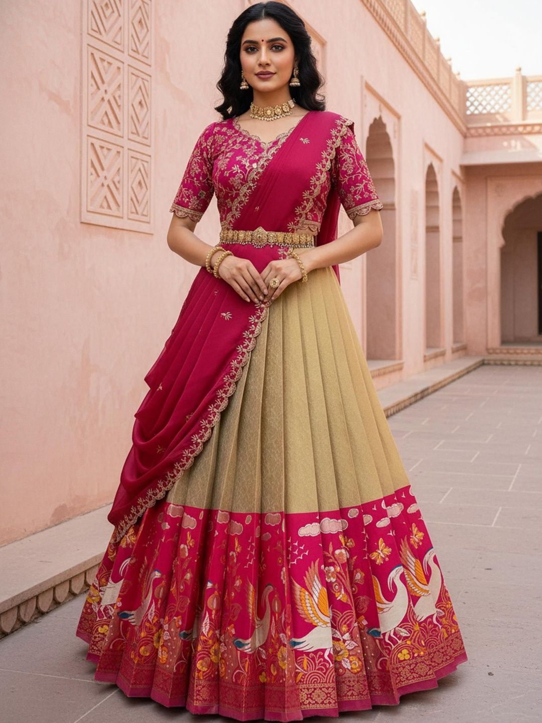 Pink Bindi Embroidered Unstitched Lehenga & Blouse With Dupatta