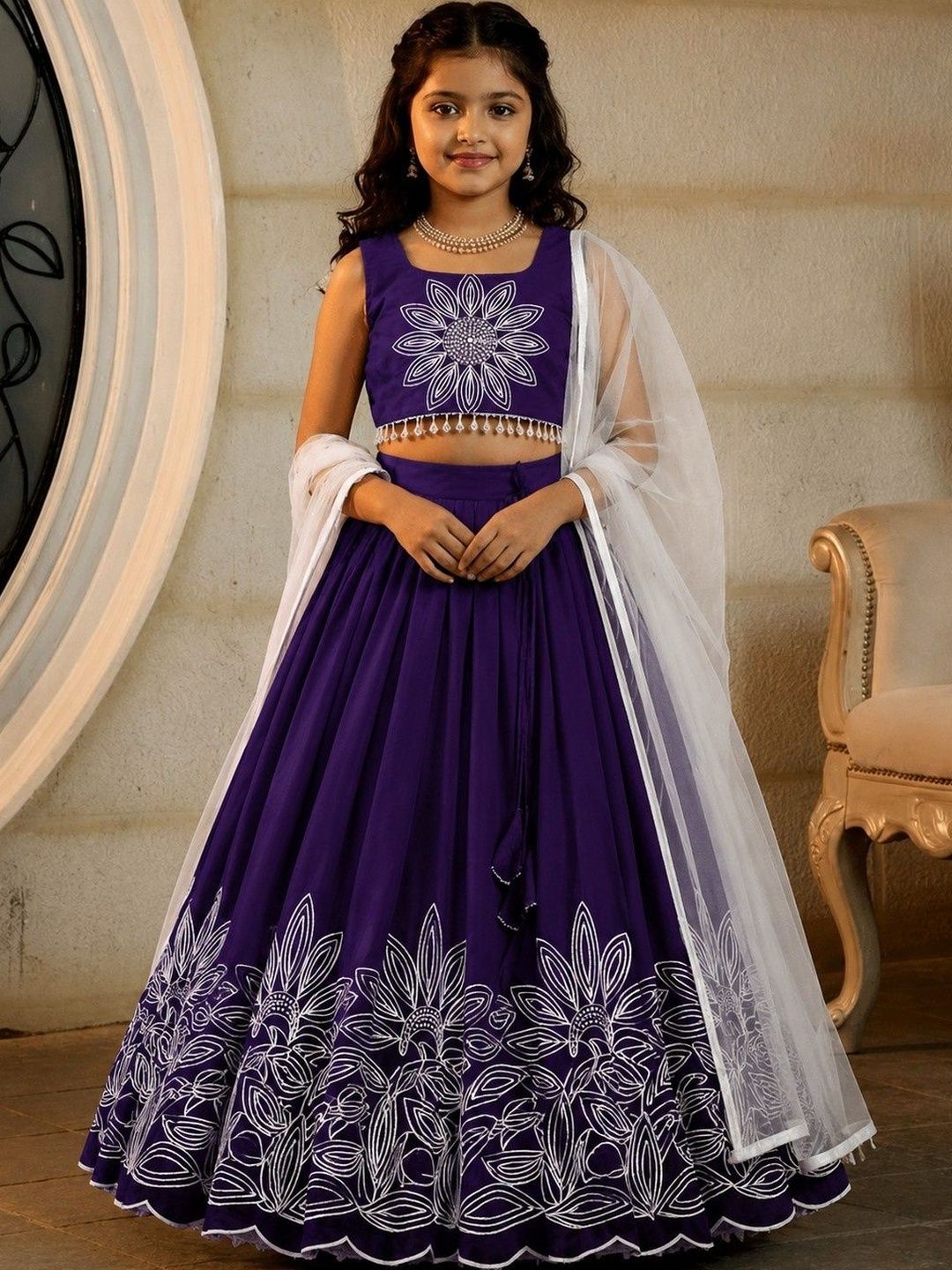 KALINI Girls Embroidered Thread Work Ready to Wear Lehenga & Blouse With Dupatta