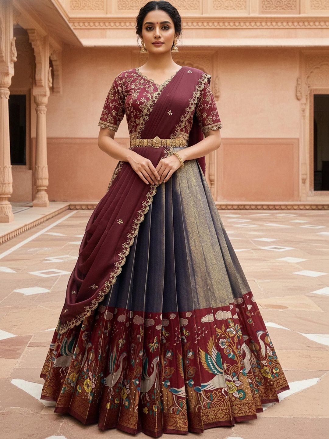 Pink Bindi Embroidered Unstitched Lehenga & Blouse With Dupatta