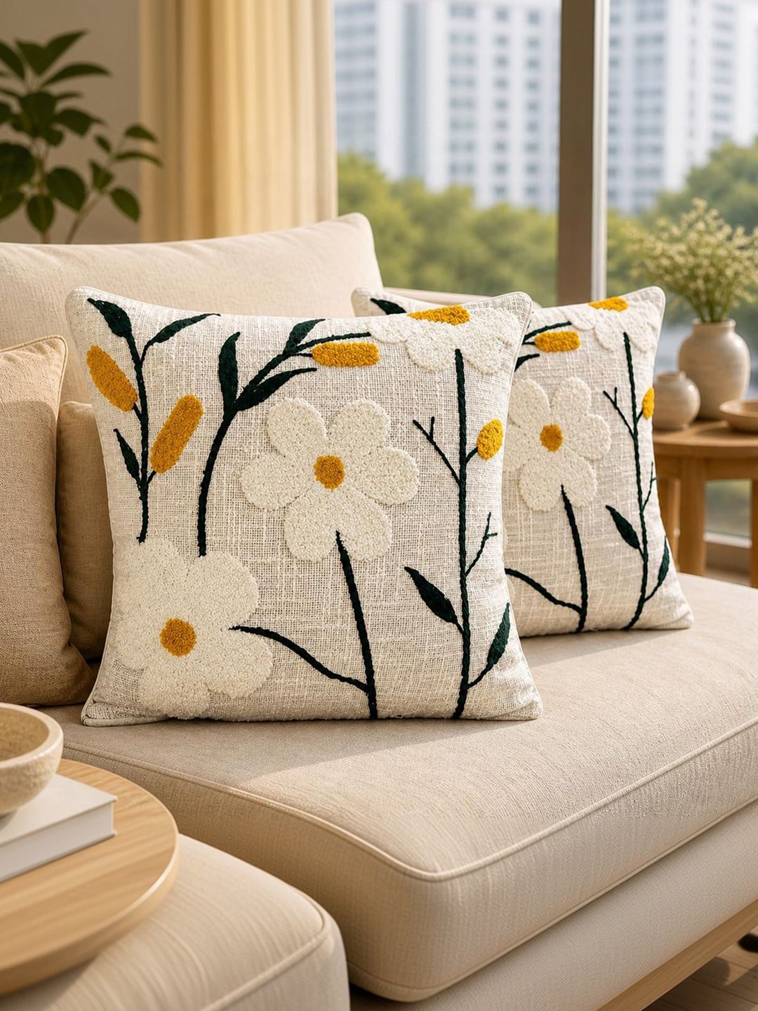 Prista Set of 2 Floral Design Minimal Embroidered Slub Cotton Cushion Cover 16x16 Inch
