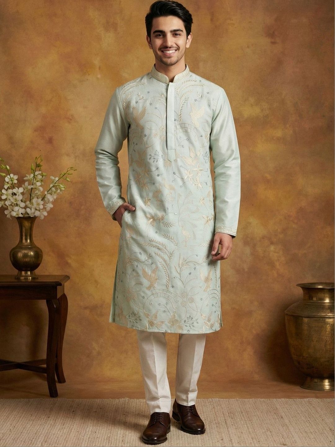 House of Pataudi House of Pataudi Embroidered Mandarin Collar Kurta & Pyjamas Kurta Set